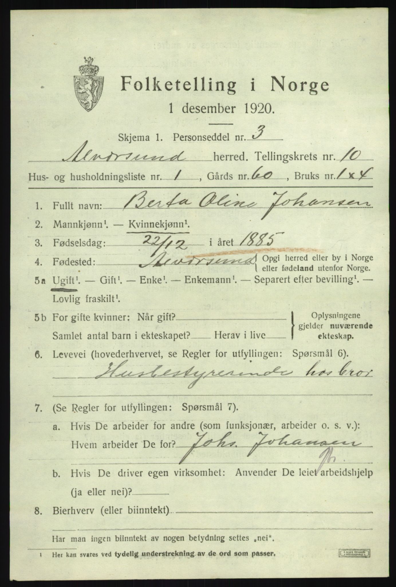 SAB, 1920 census for Alversund, 1920, p. 6238