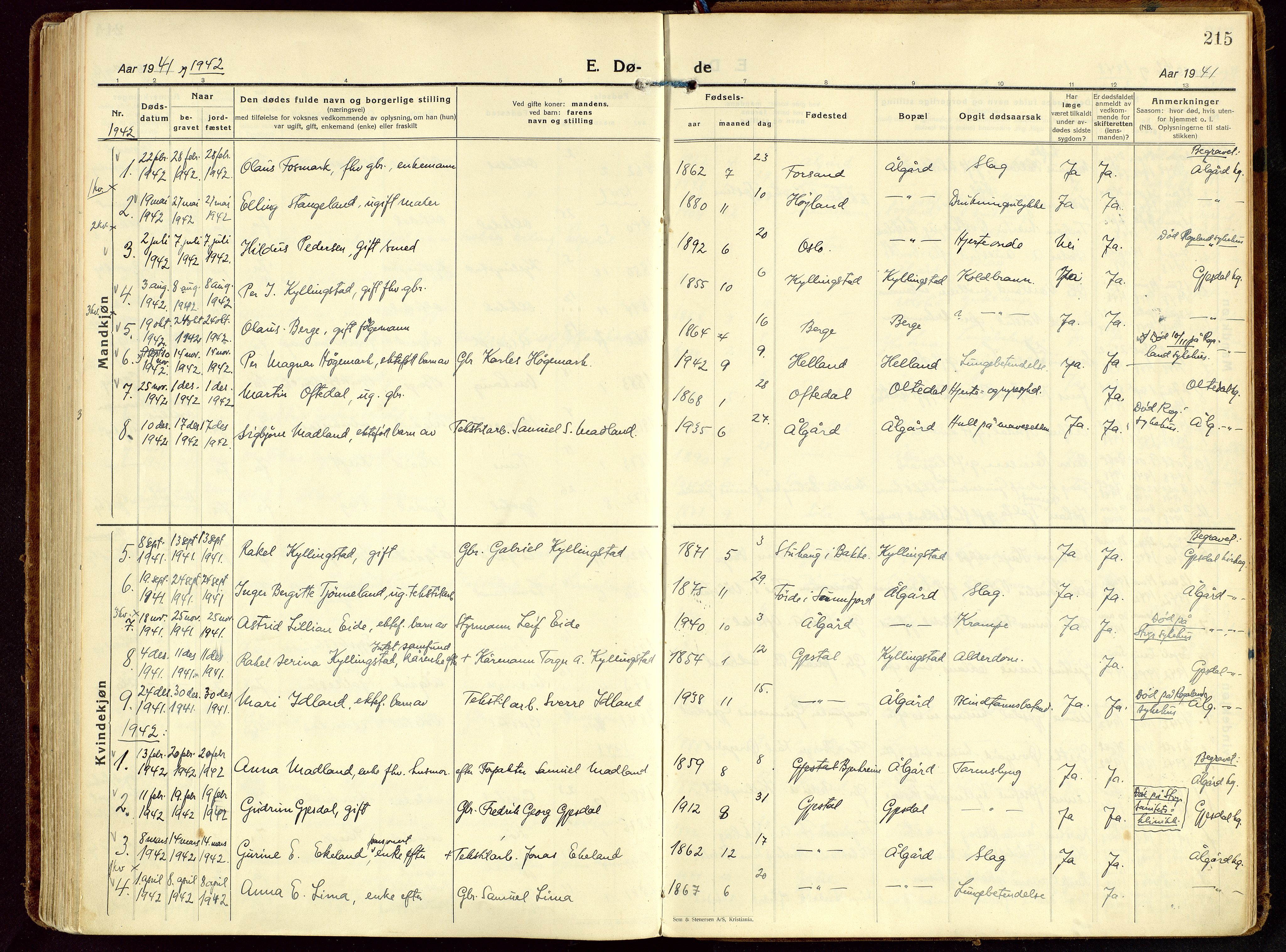 Gjesdal sokneprestkontor, AV/SAST-A-101796/003/O/L0001: Parish register (official) no. A 1, 1925-1949, p. 215