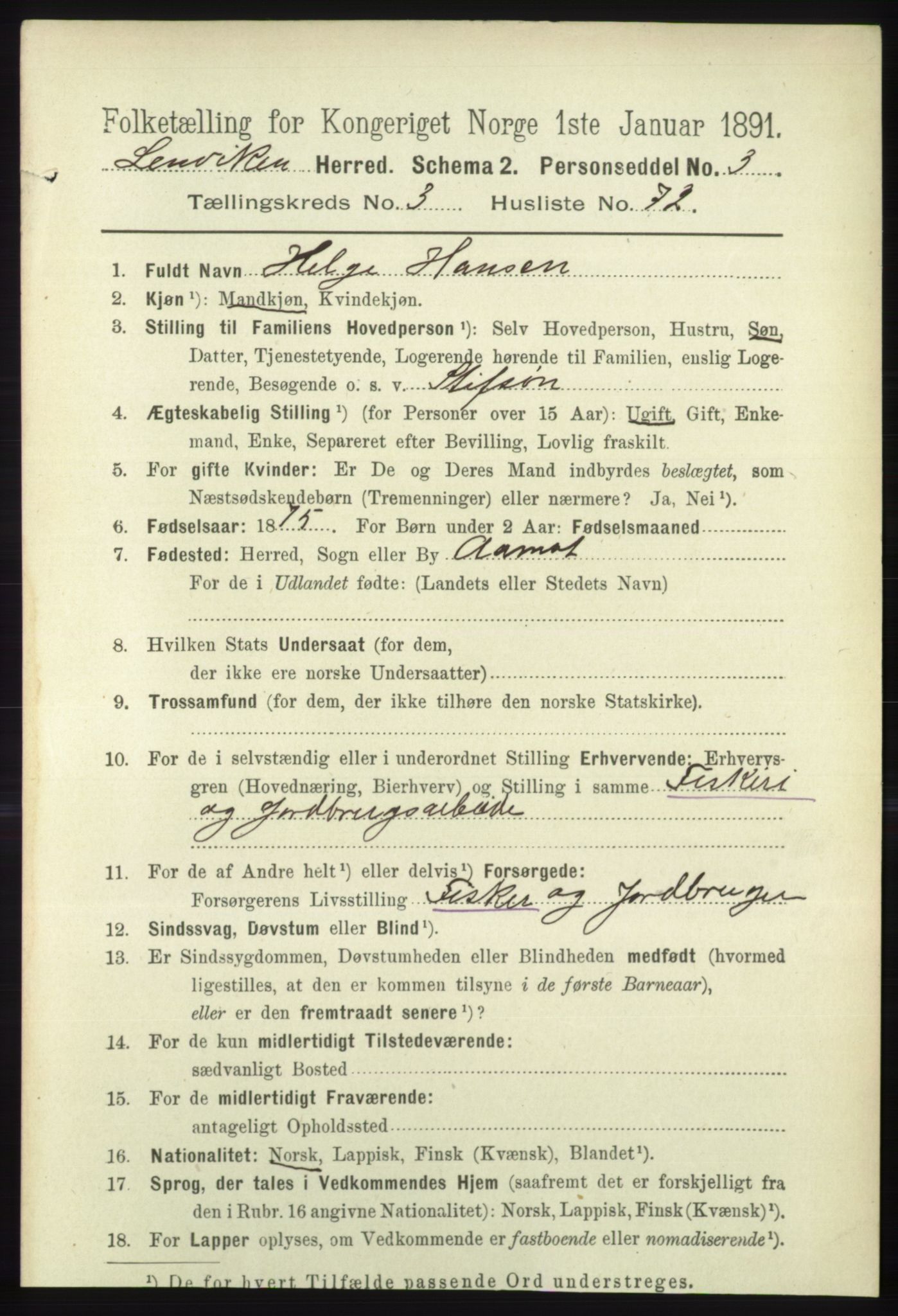 RA, 1891 census for 1931 Lenvik, 1891, p. 1824