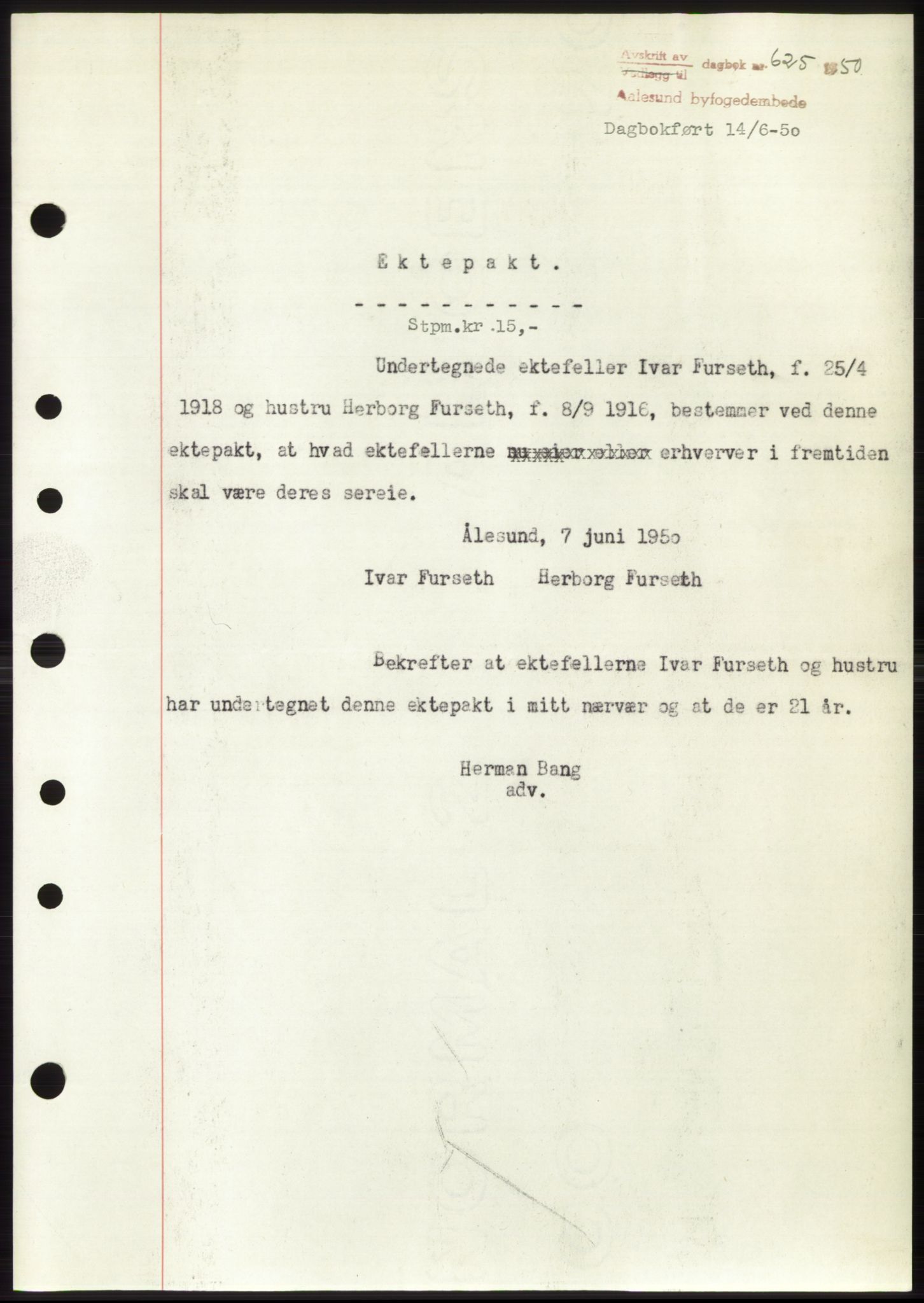 Ålesund byfogd, AV/SAT-A-4384: Mortgage book no. B36-38, 1948-1950, Diary no: : 625/1950