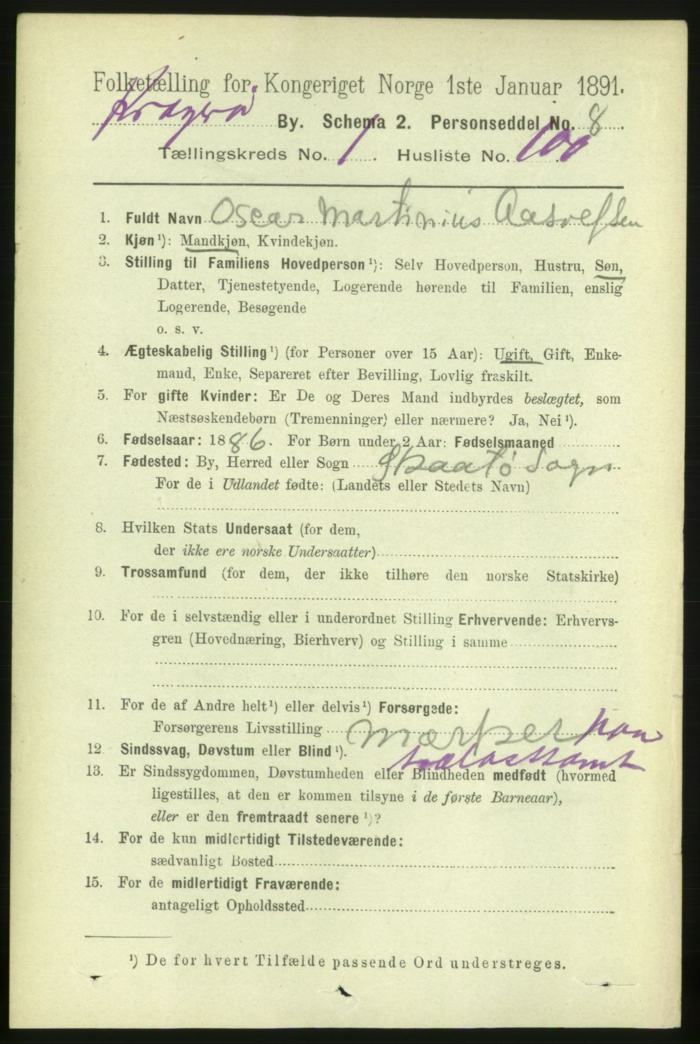 RA, 1891 census for 0801 Kragerø, 1891, p. 2501