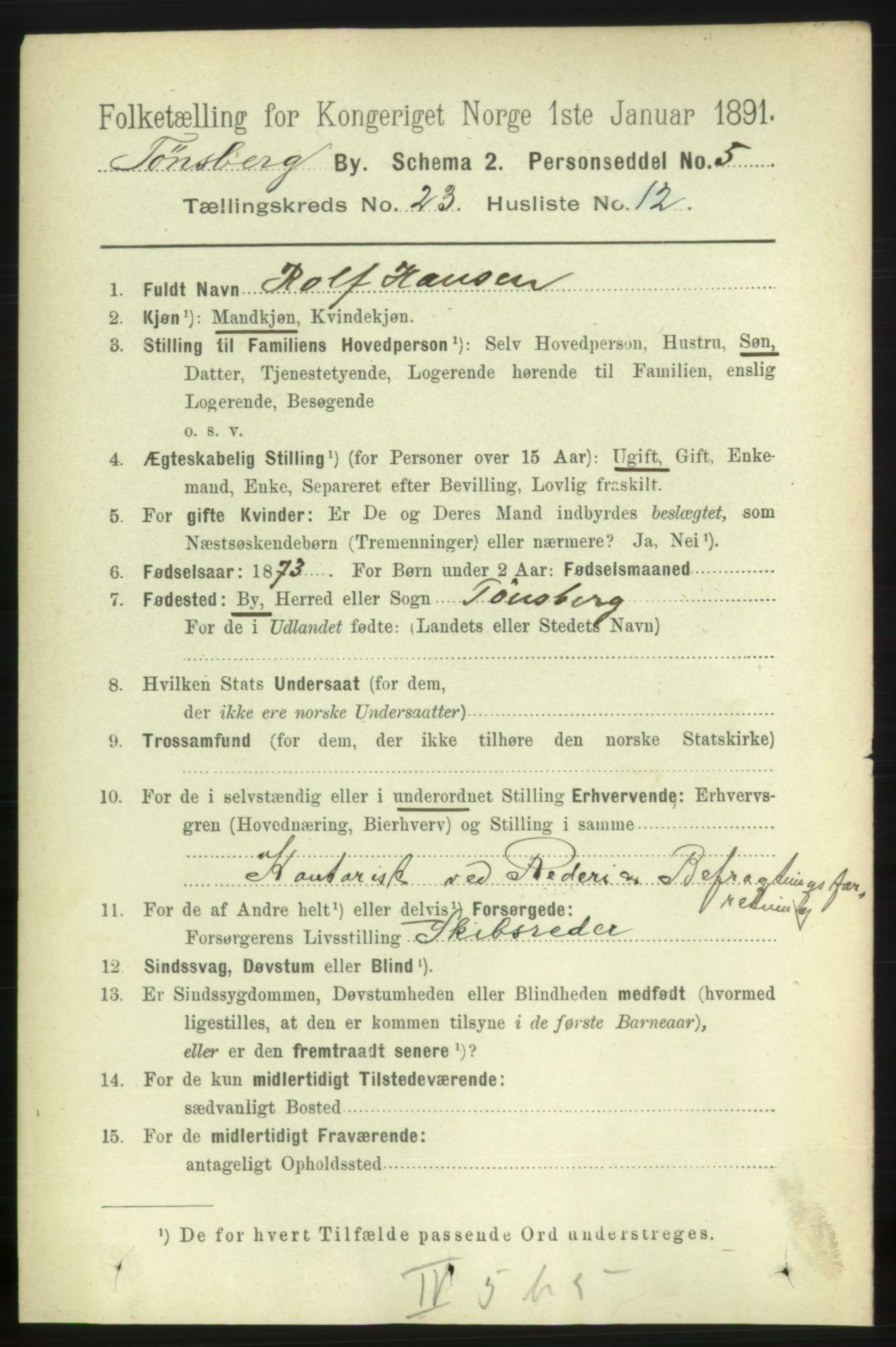 RA, 1891 census for 0705 Tønsberg, 1891, p. 6270