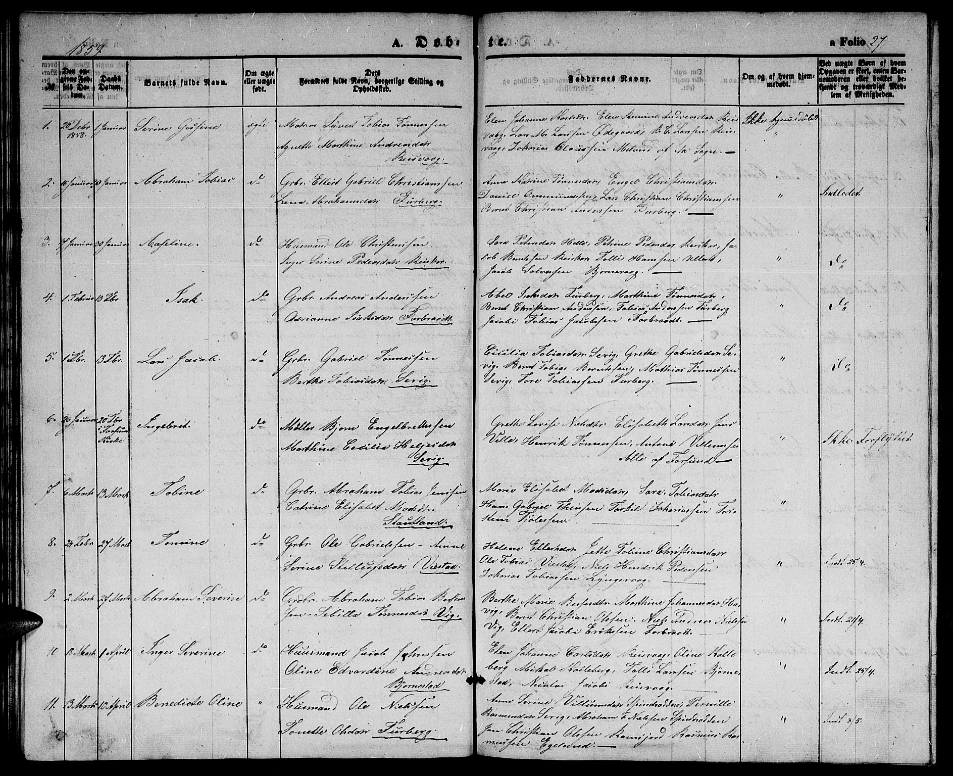 Herad sokneprestkontor, SAK/1111-0018/F/Fb/Fbb/L0002: Parish register (copy) no. B 2, 1853-1871, p. 27