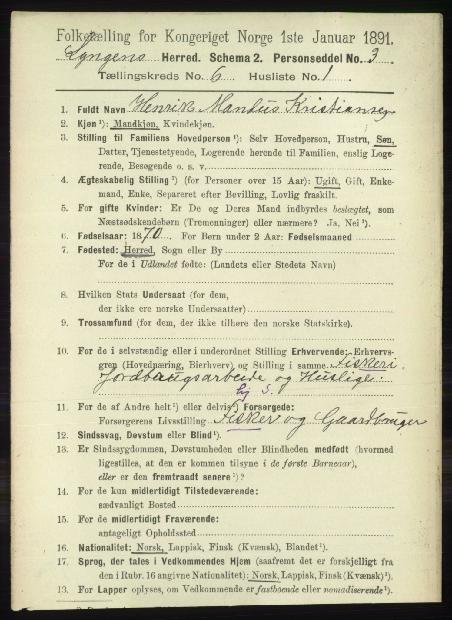 RA, 1891 census for 1938 Lyngen, 1891, p. 5231