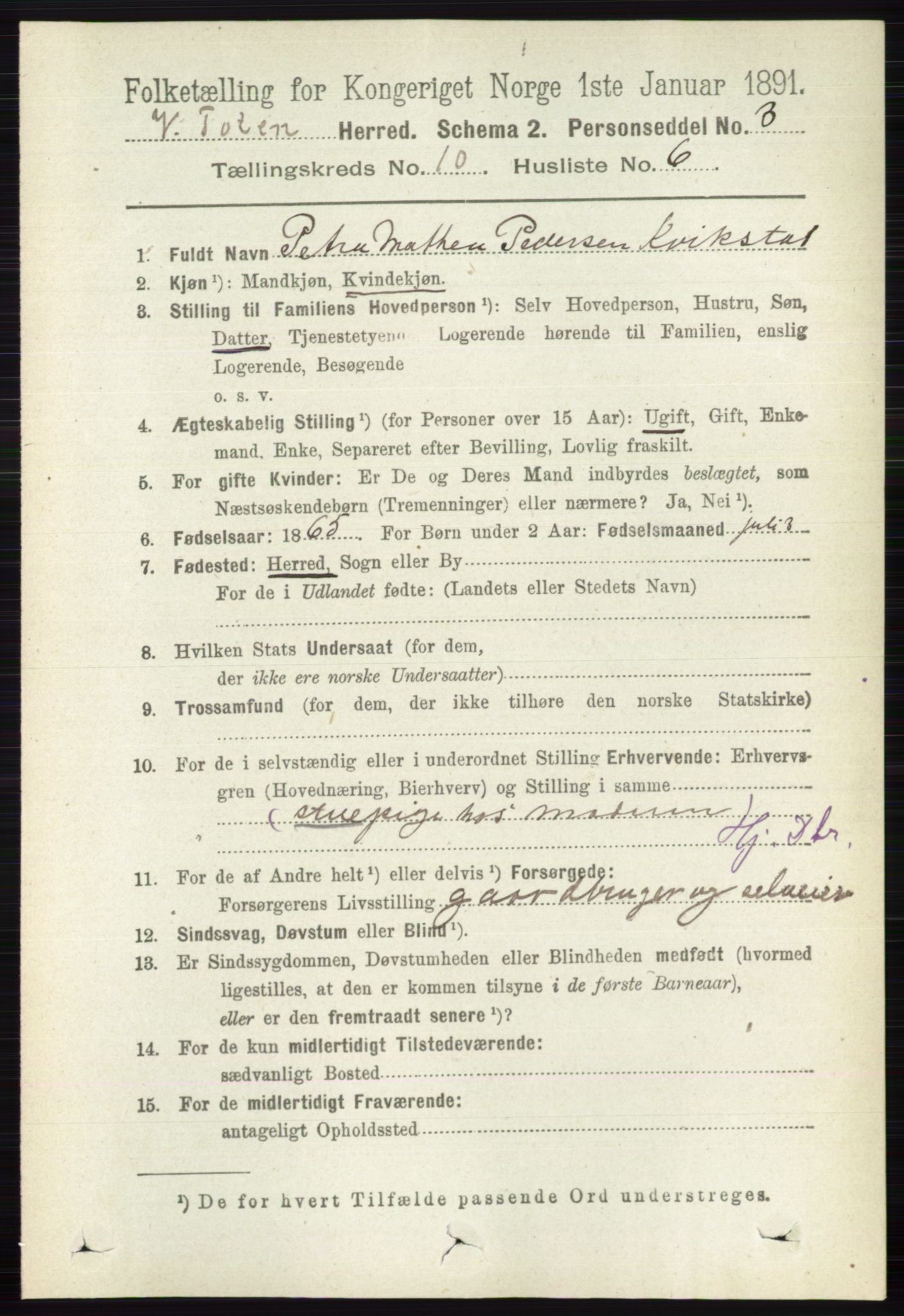 RA, 1891 census for 0529 Vestre Toten, 1891, p. 6222