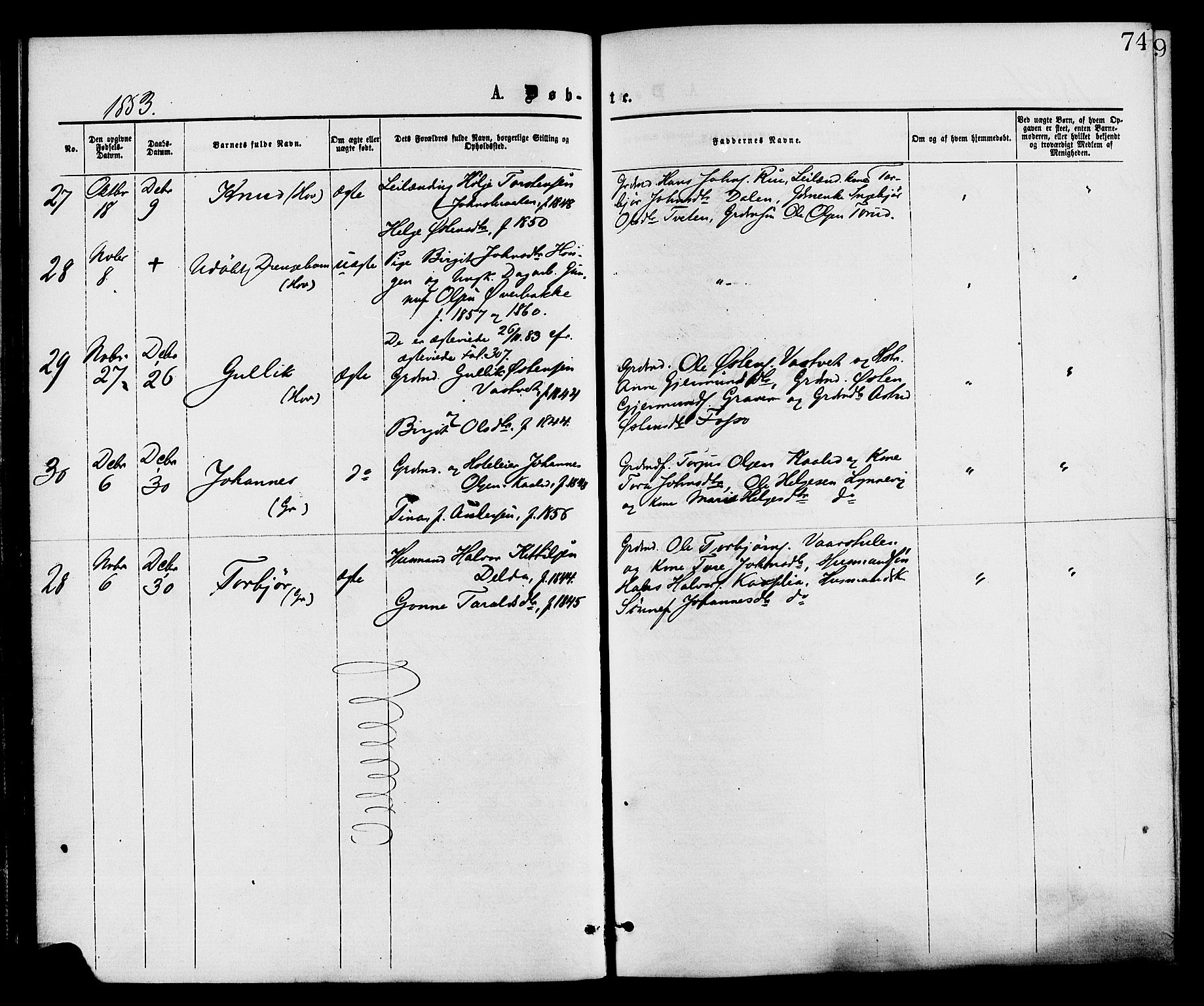 Gransherad kirkebøker, AV/SAKO-A-267/F/Fa/L0004: Parish register (official) no. I 4, 1871-1886, p. 74