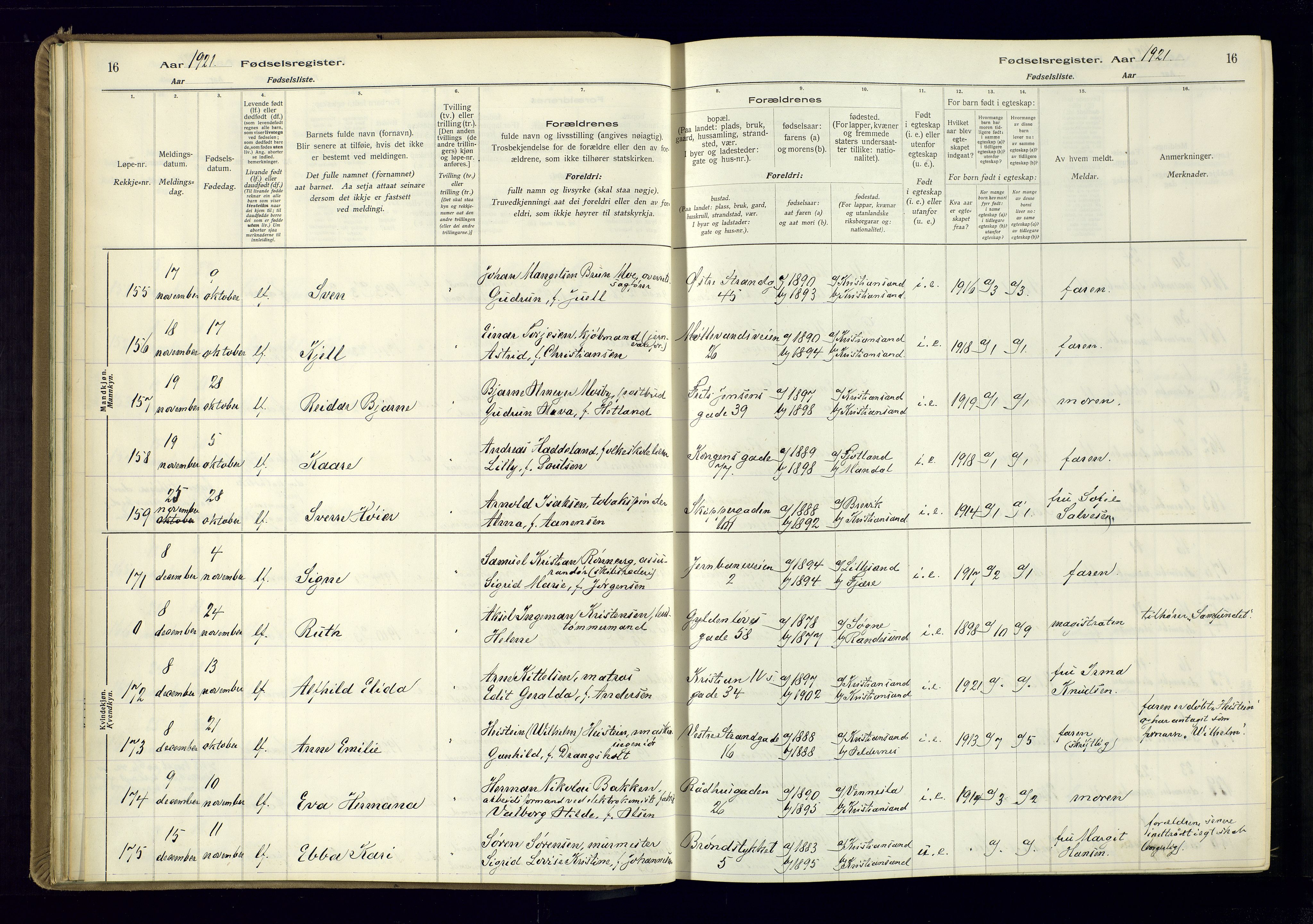 Kristiansand domprosti, AV/SAK-1112-0006/J/Jc/L0002: Birth register no. A-VI-46, 1921-1926, p. 16