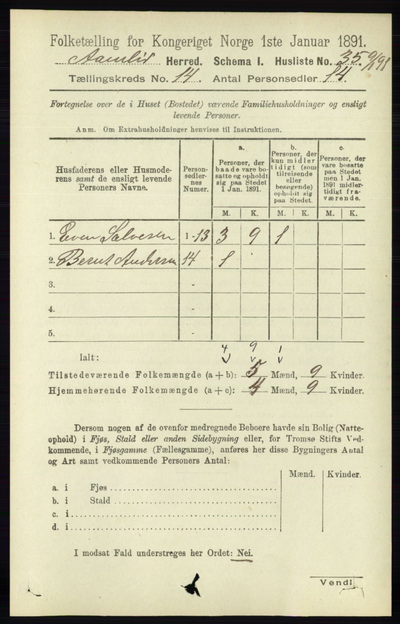 RA, 1891 census for 0929 Åmli, 1891, p. 2262