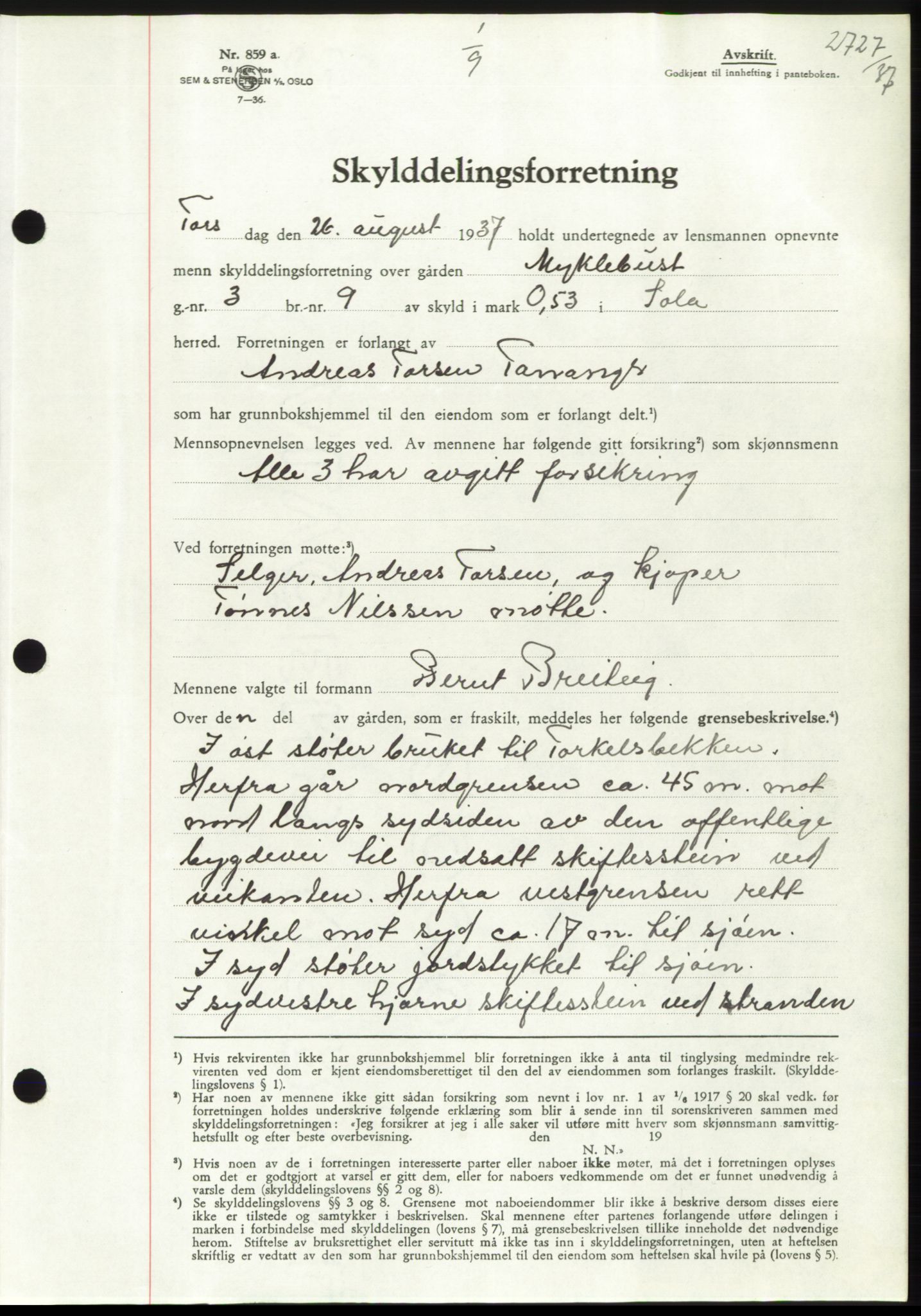 Jæren sorenskriveri, SAST/A-100310/03/G/Gba/L0069: Mortgage book, 1937-1937, Diary no: : 2727/1937