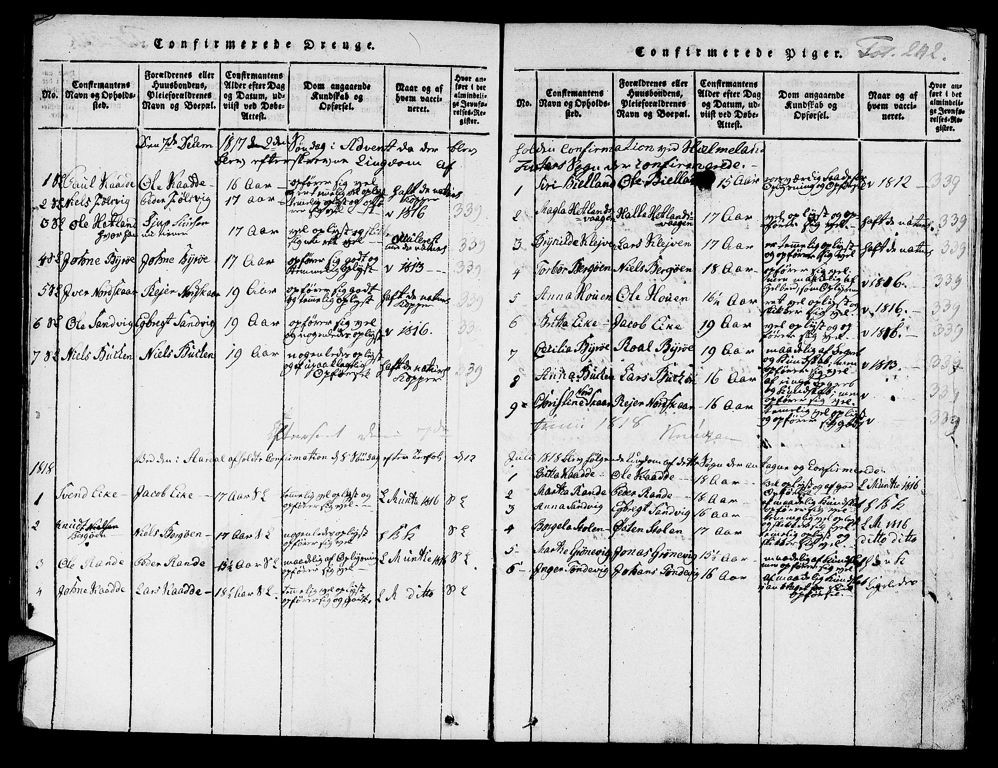 Hjelmeland sokneprestkontor, SAST/A-101843/01/IV/L0004: Parish register (official) no. A 4, 1816-1834, p. 242