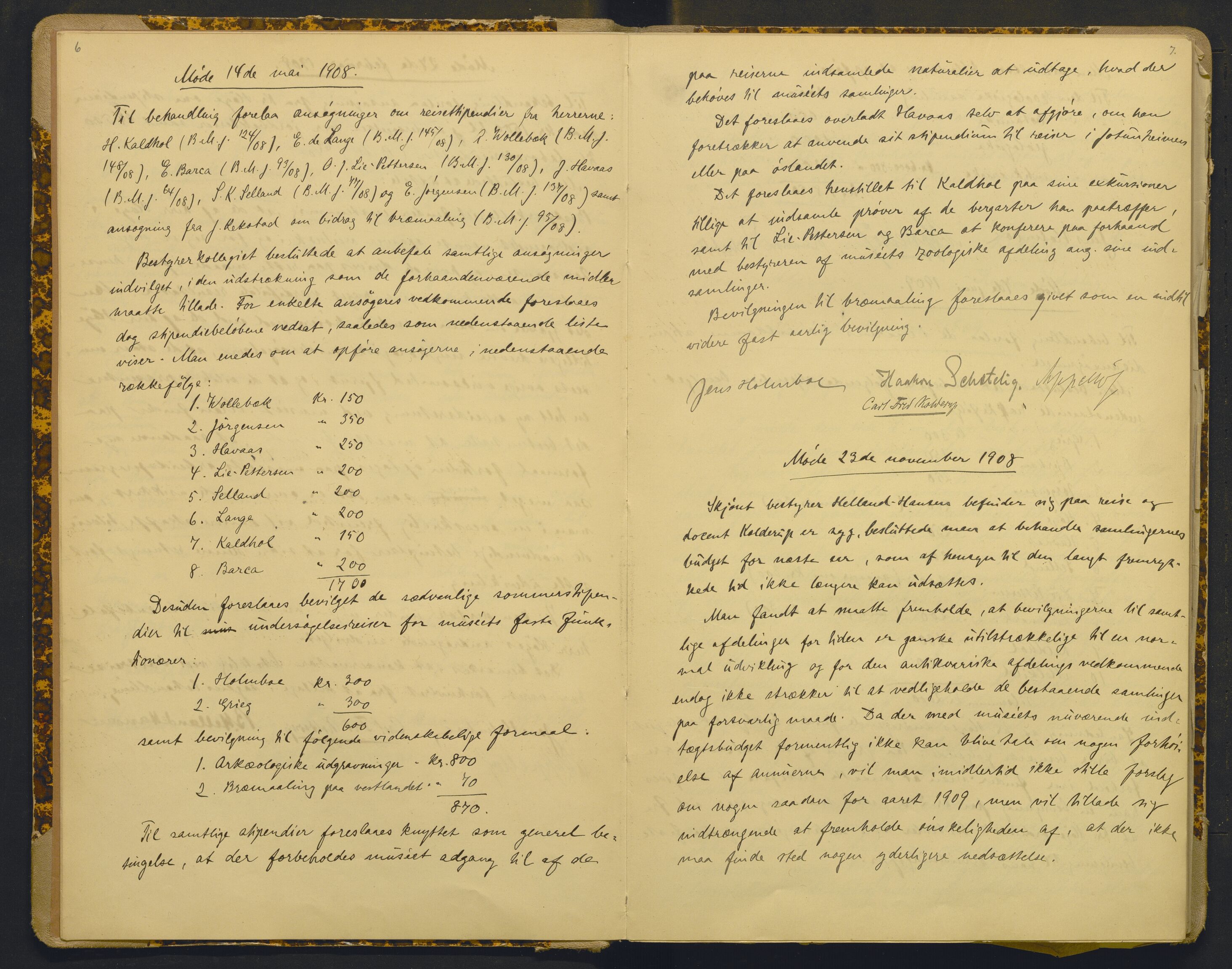 Bergens Museum, AV/SAB-A-17301/18/A/L0001: Bestyrerkollegiets forhandlingsprotokoll med register , 1907-1927, p. 6-7