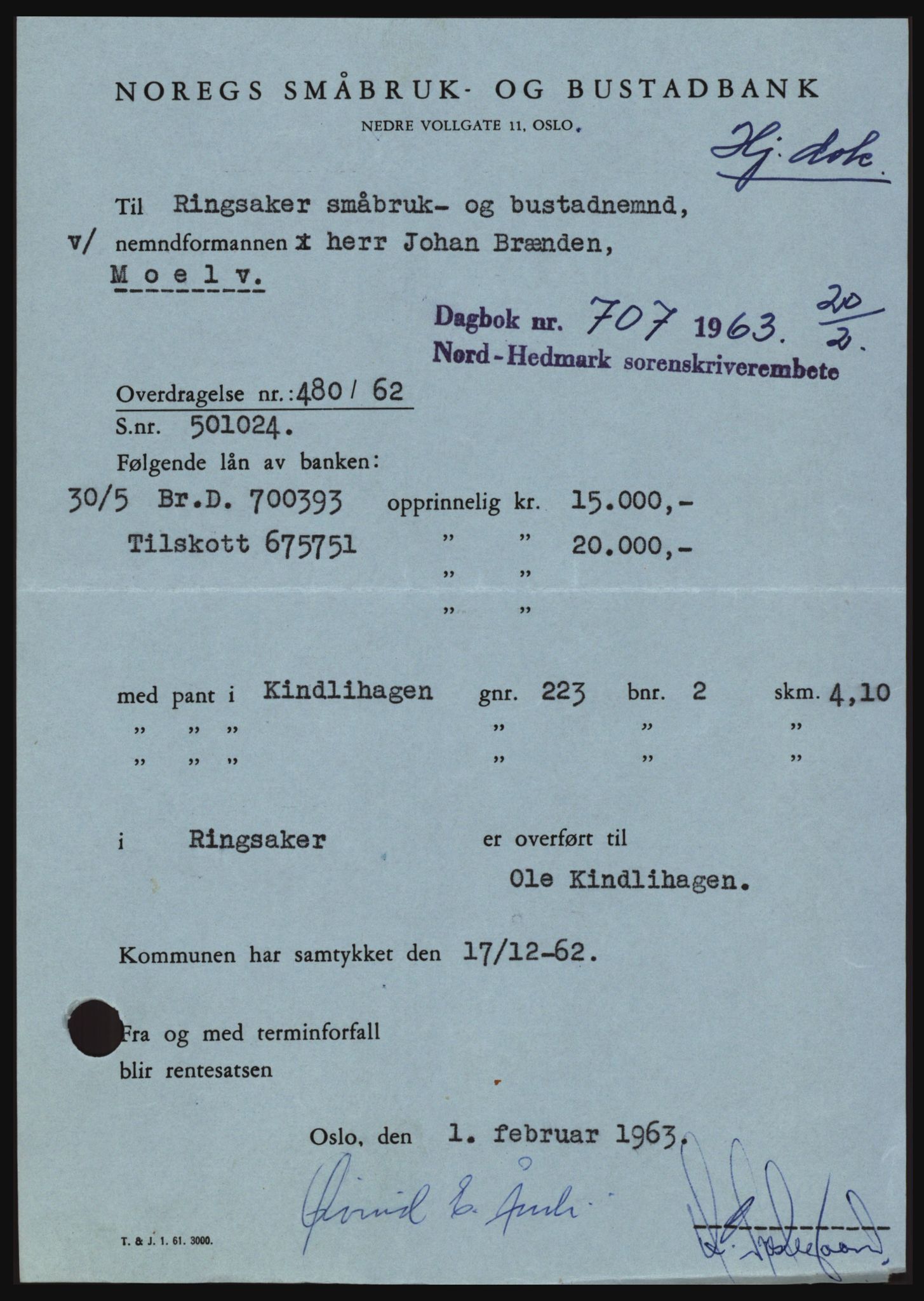 Nord-Hedmark sorenskriveri, SAH/TING-012/H/Hc/L0017: Mortgage book no. 17, 1962-1963, Diary no: : 707/1963