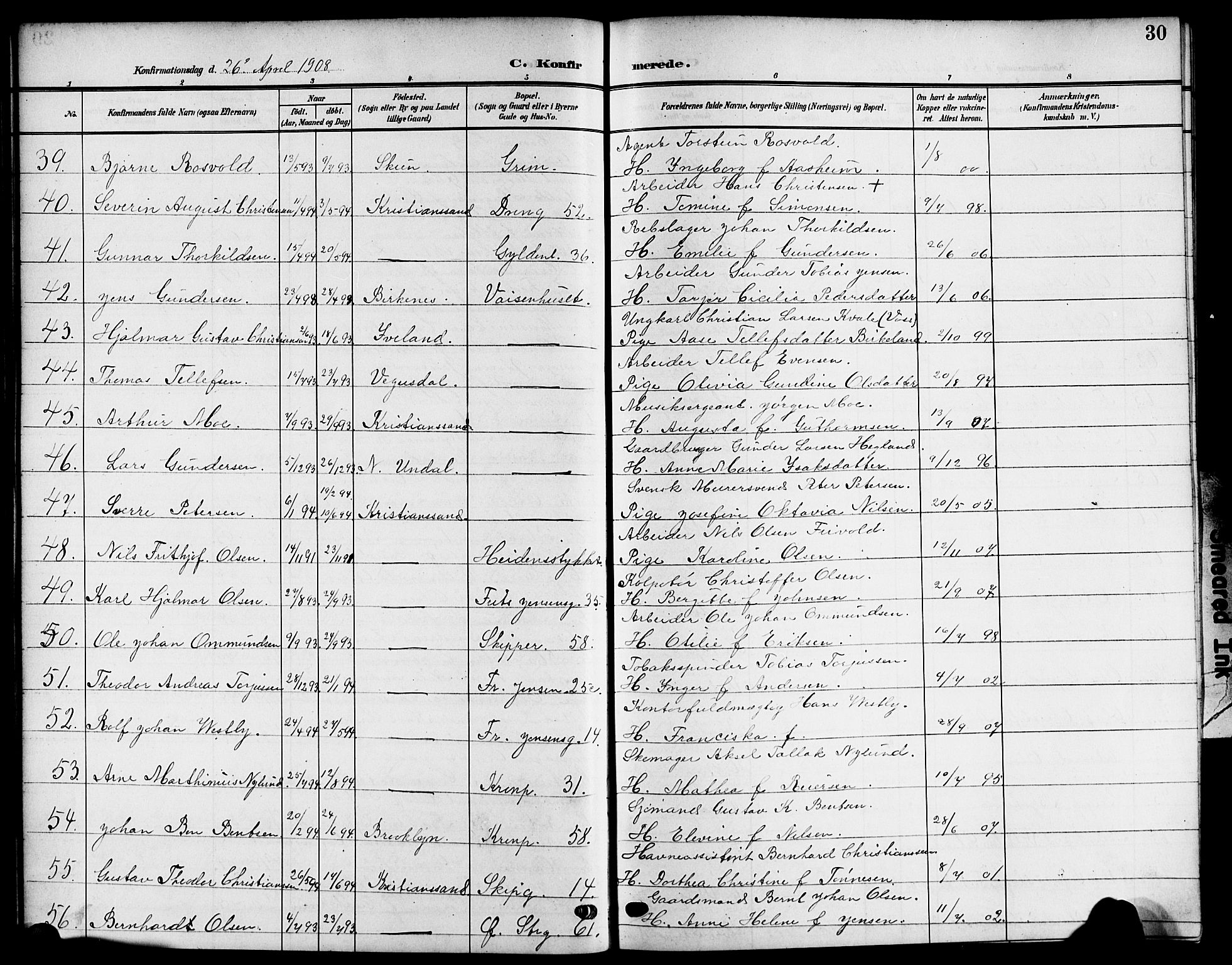 Kristiansand domprosti, AV/SAK-1112-0006/F/Fb/L0020: Parish register (copy) no. B 20, 1906-1915, p. 30