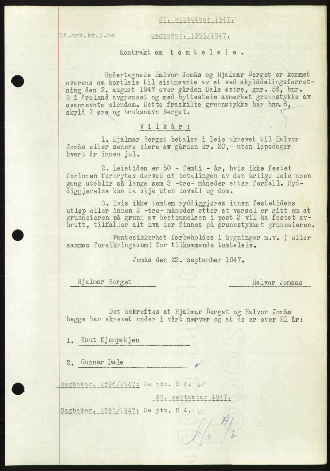 Nedenes sorenskriveri, AV/SAK-1221-0006/G/Gb/Gba/L0058: Mortgage book no. A10, 1947-1948, Diary no: : 1395/1947
