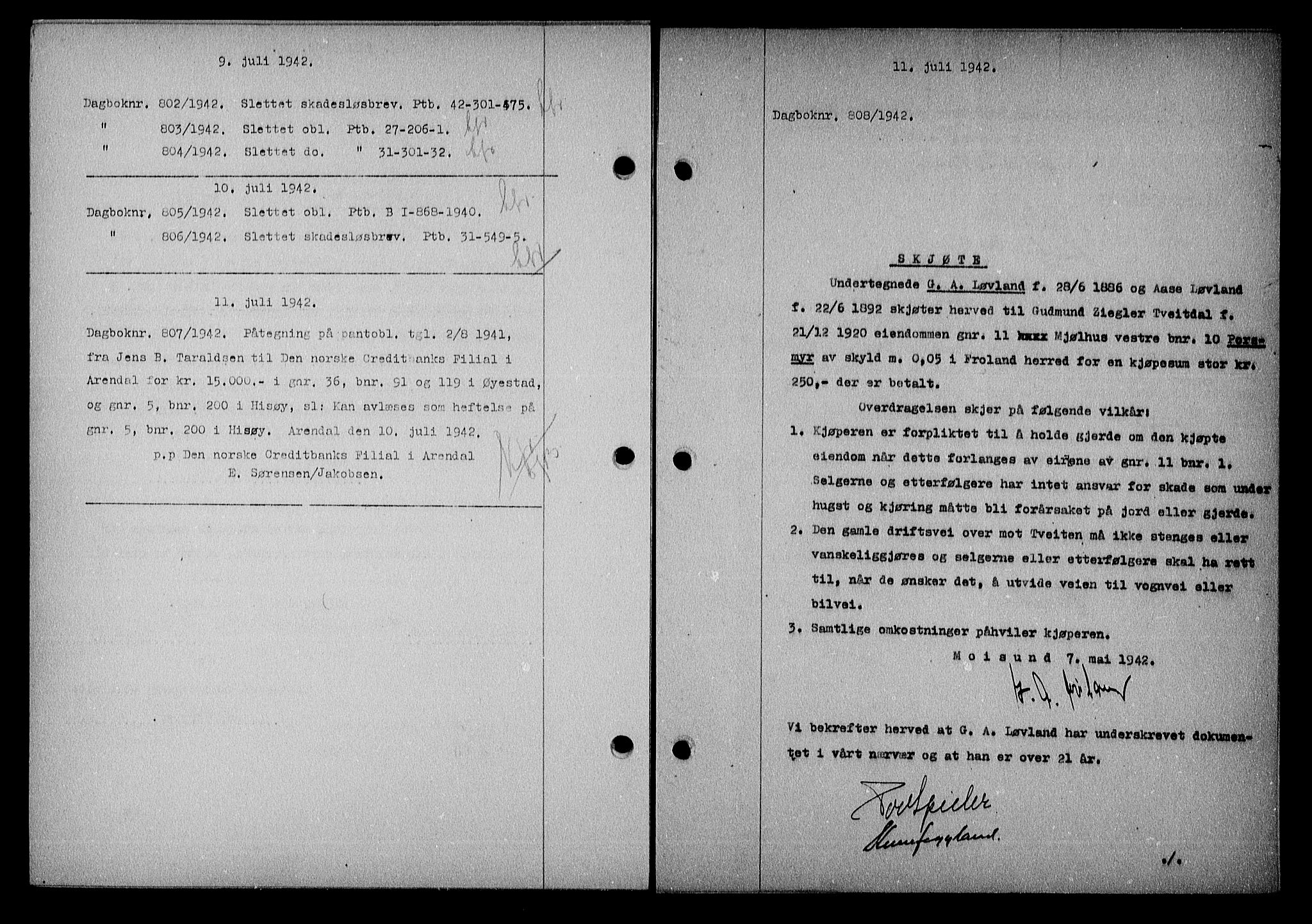 Nedenes sorenskriveri, SAK/1221-0006/G/Gb/Gba/L0049: Mortgage book no. A-III, 1941-1942, Diary no: : 808/1942
