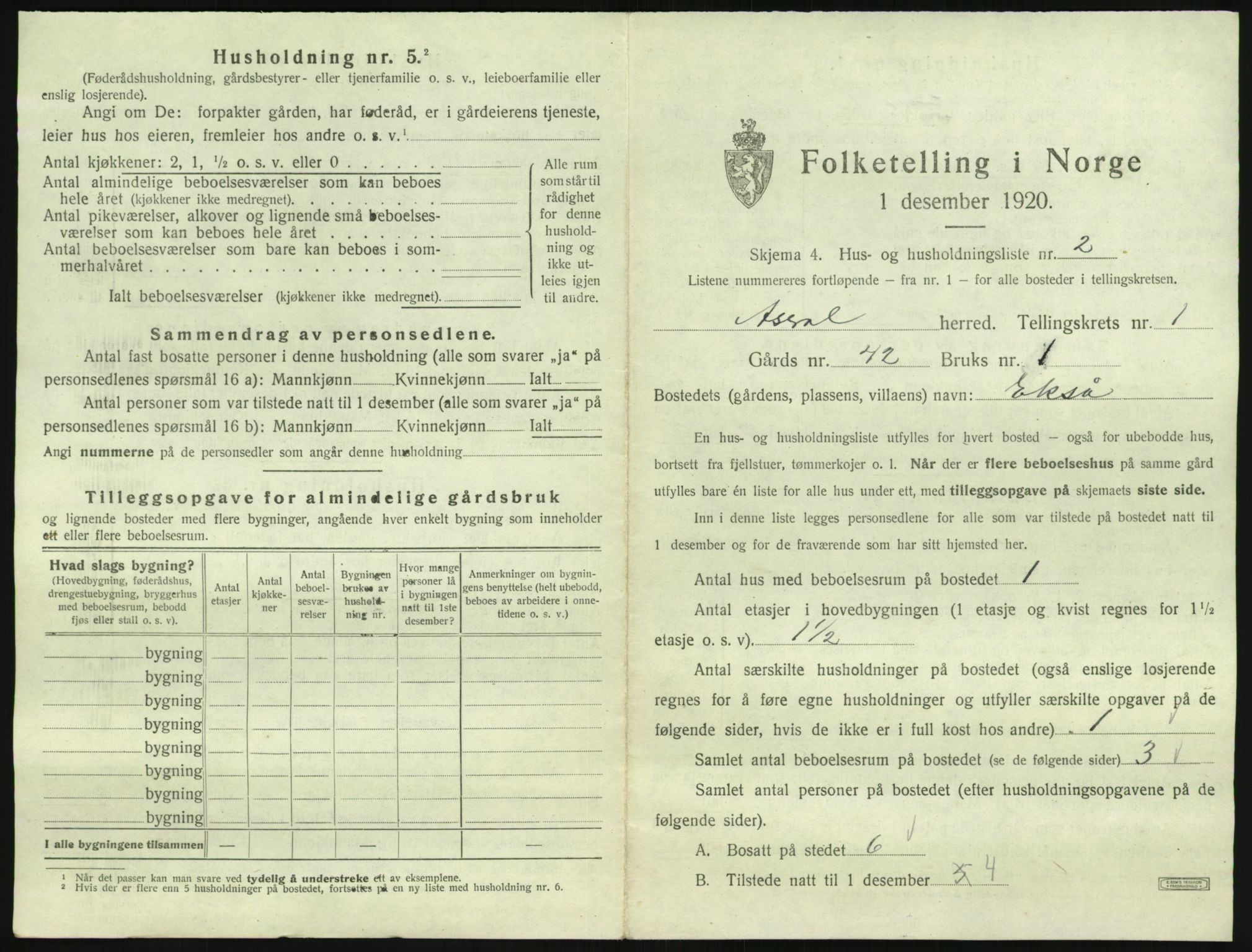SAK, 1920 census for Åseral, 1920, p. 44