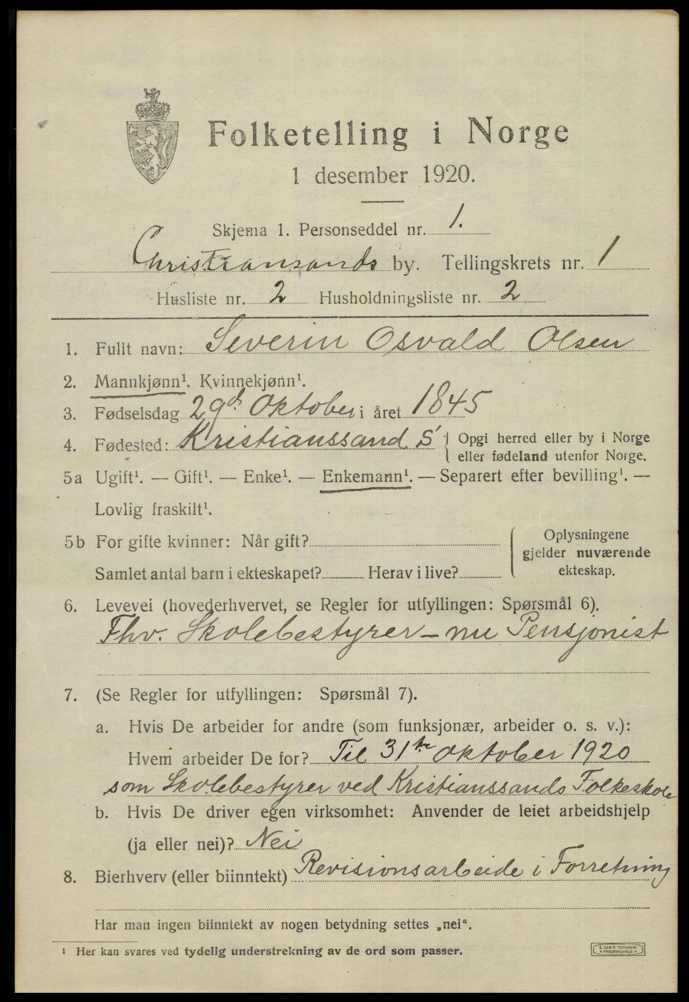 SAK, 1920 census for Kristiansand, 1920, p. 11127