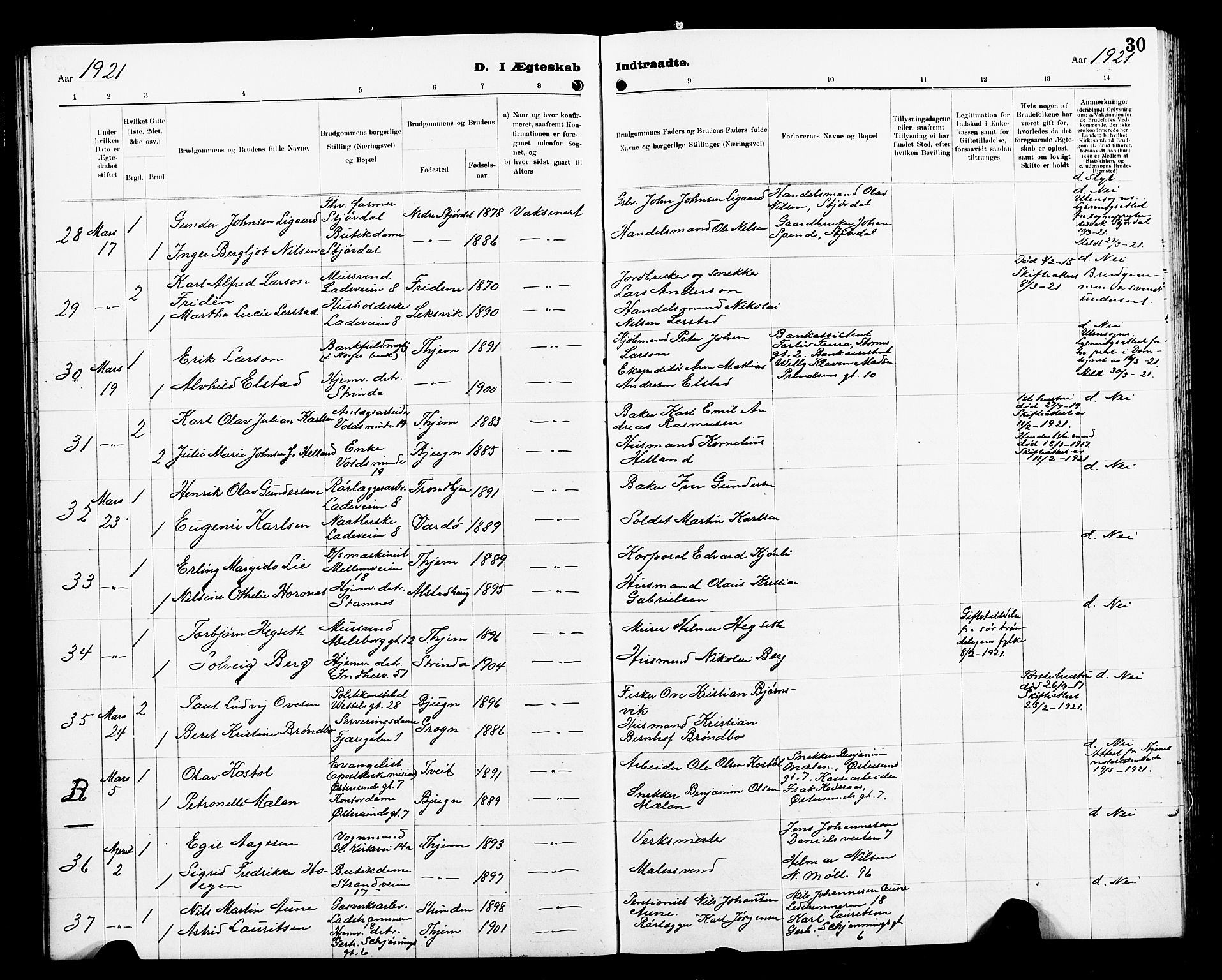 Ministerialprotokoller, klokkerbøker og fødselsregistre - Sør-Trøndelag, AV/SAT-A-1456/605/L0257: Parish register (copy) no. 605C04, 1916-1922, p. 30