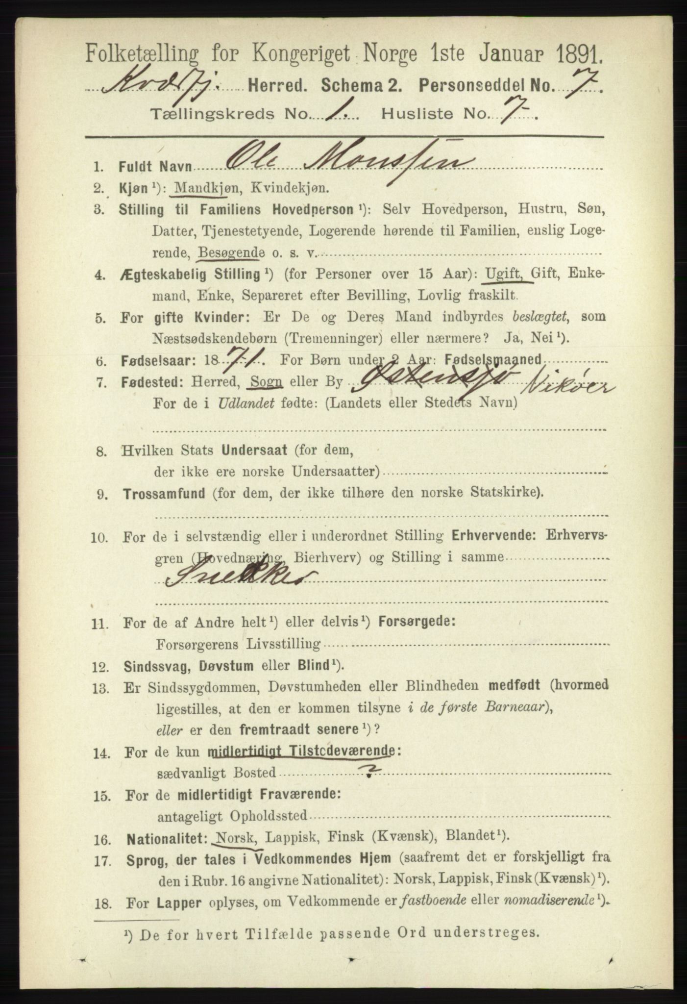 RA, 1891 census for 1911 Kvæfjord, 1891, p. 148