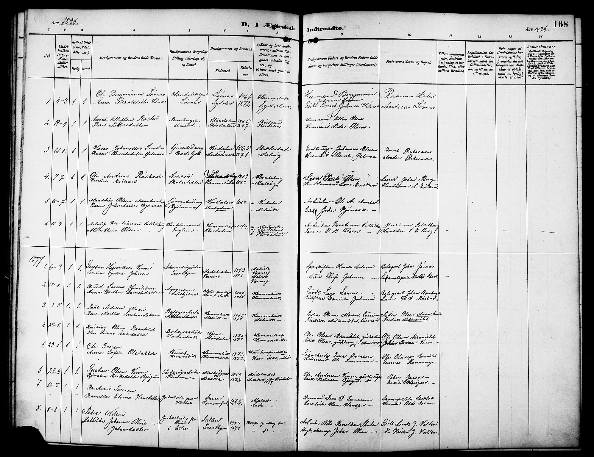 Ministerialprotokoller, klokkerbøker og fødselsregistre - Sør-Trøndelag, SAT/A-1456/617/L0431: Parish register (copy) no. 617C01, 1889-1910, p. 168