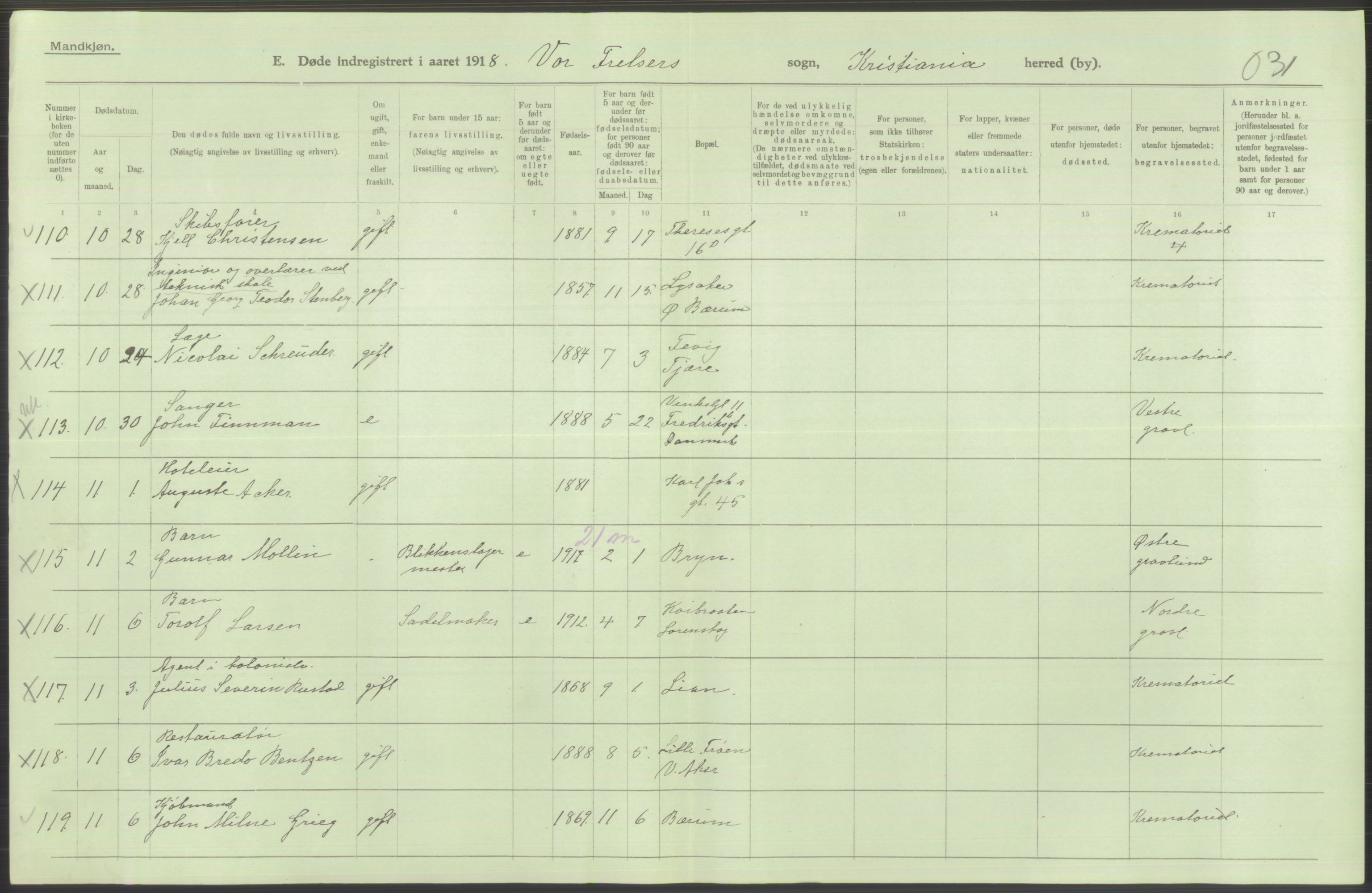 Statistisk sentralbyrå, Sosiodemografiske emner, Befolkning, AV/RA-S-2228/D/Df/Dfb/Dfbh/L0011: Kristiania: Døde, dødfødte, 1918, p. 184