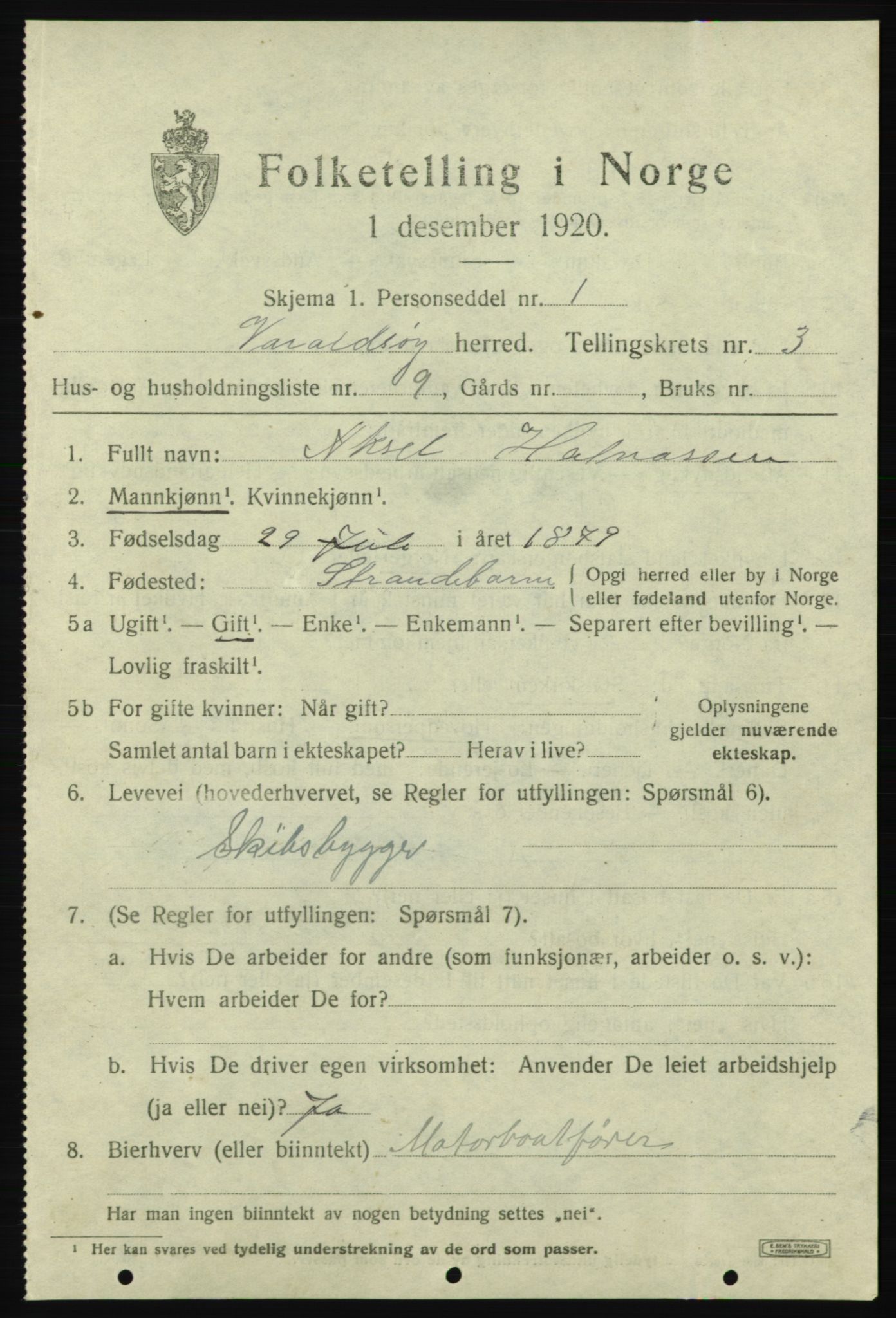 SAB, 1920 census for Varaldsøy, 1920, p. 1375