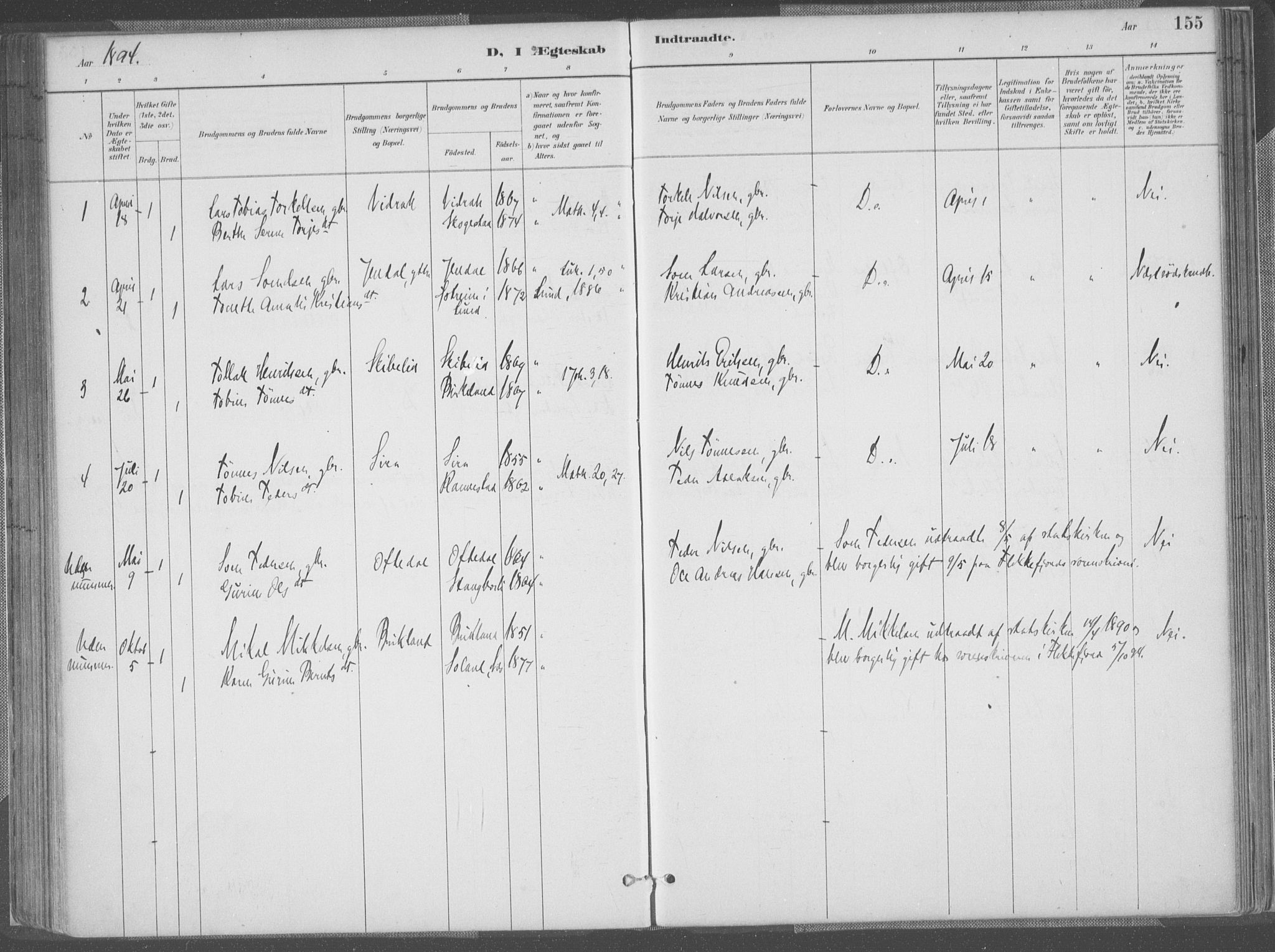 Bakke sokneprestkontor, SAK/1111-0002/F/Fa/Faa/L0008: Parish register (official) no. A 8, 1887-1911, p. 155
