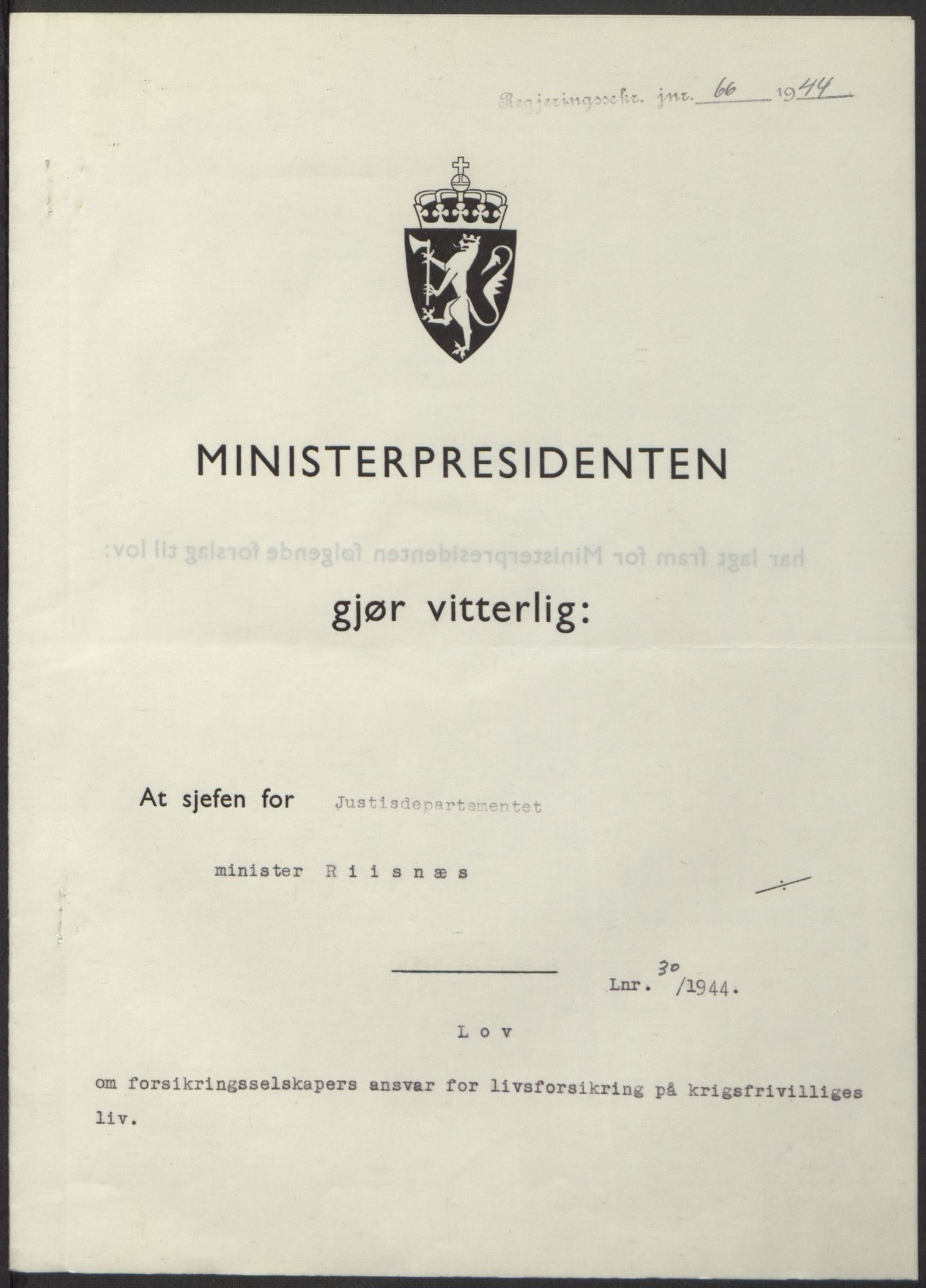NS-administrasjonen 1940-1945 (Statsrådsekretariatet, de kommisariske statsråder mm), RA/S-4279/D/Db/L0100: Lover, 1944, p. 142