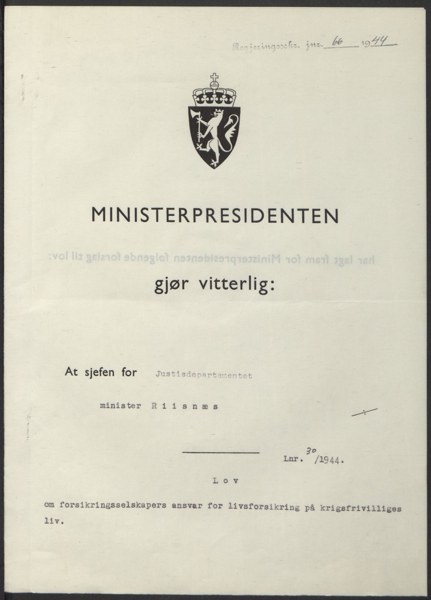 NS-administrasjonen 1940-1945 (Statsrådsekretariatet, de kommisariske statsråder mm), AV/RA-S-4279/D/Db/L0100: Lover, 1944, p. 142