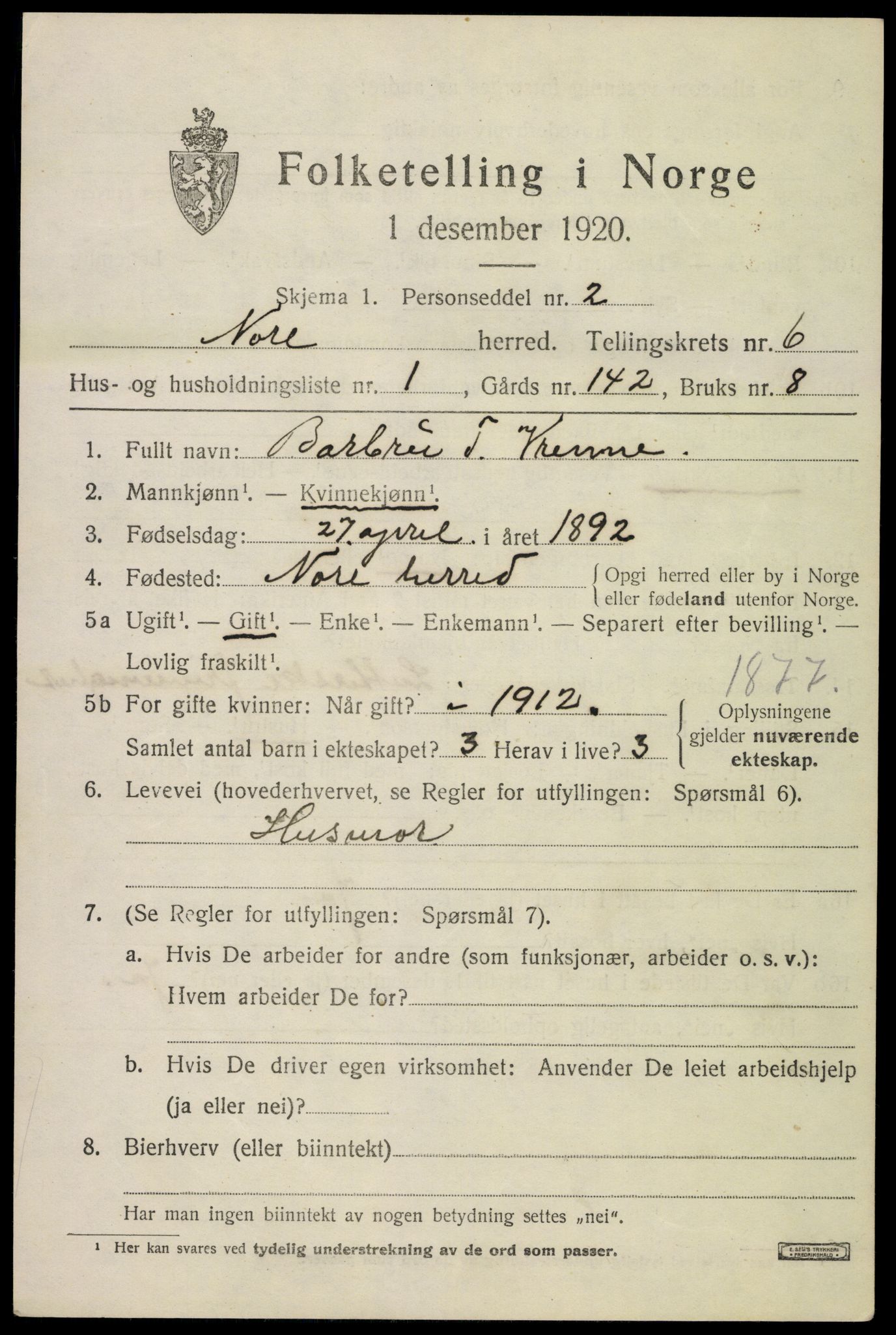 SAKO, 1920 census for Nore, 1920, p. 2480