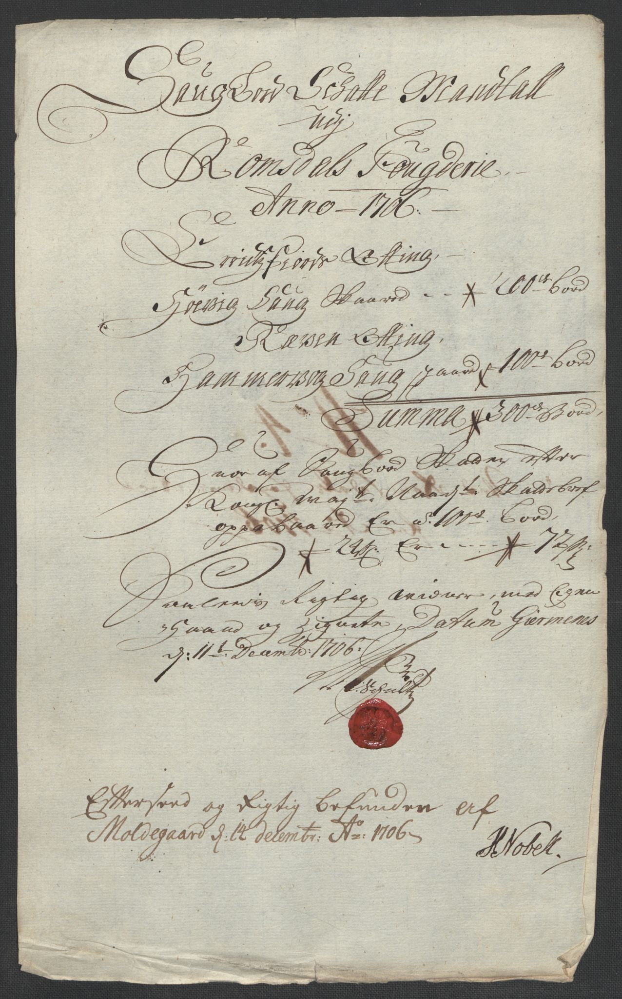 Rentekammeret inntil 1814, Reviderte regnskaper, Fogderegnskap, RA/EA-4092/R55/L3657: Fogderegnskap Romsdal, 1706, p. 82