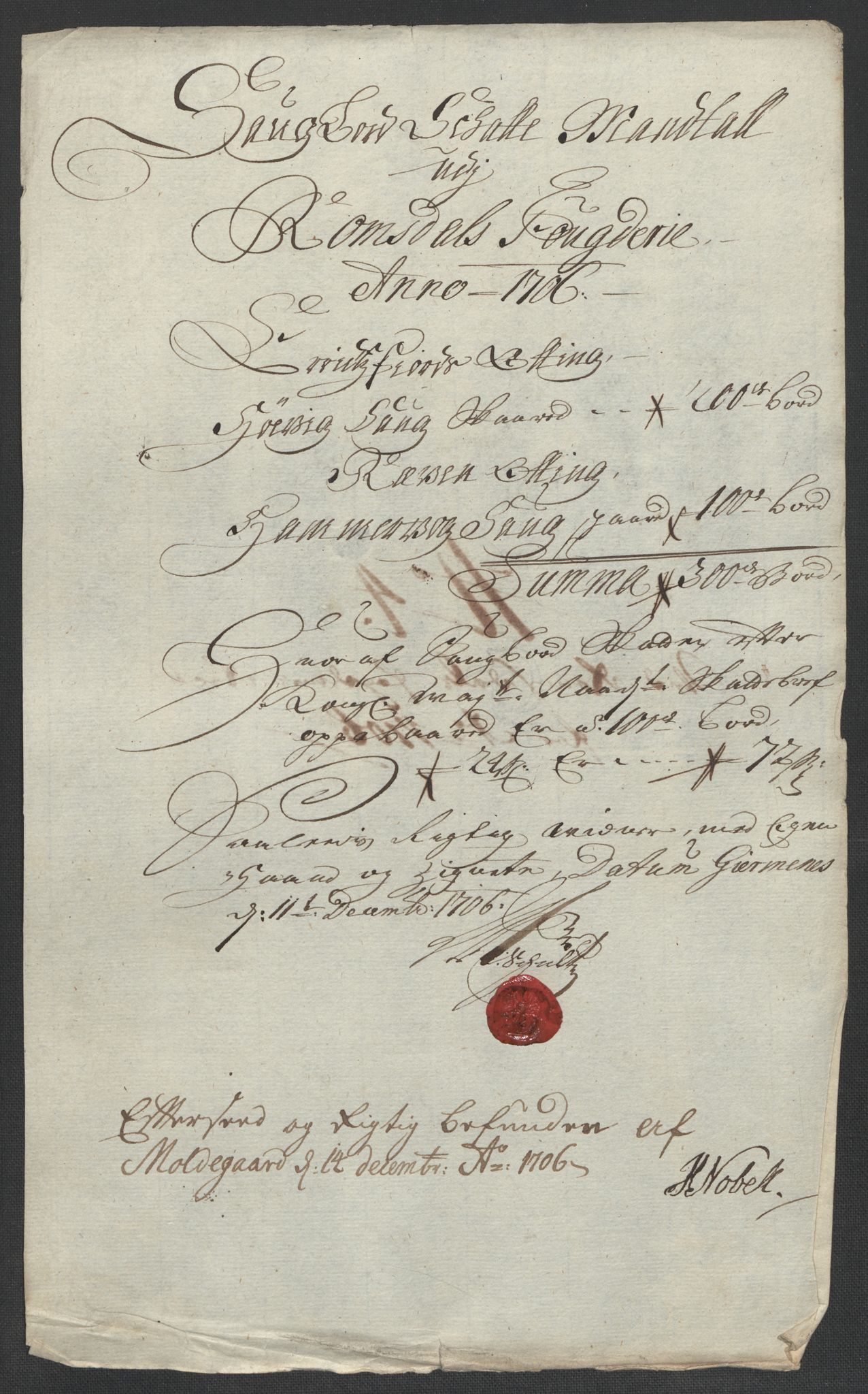 Rentekammeret inntil 1814, Reviderte regnskaper, Fogderegnskap, AV/RA-EA-4092/R55/L3657: Fogderegnskap Romsdal, 1706, p. 82