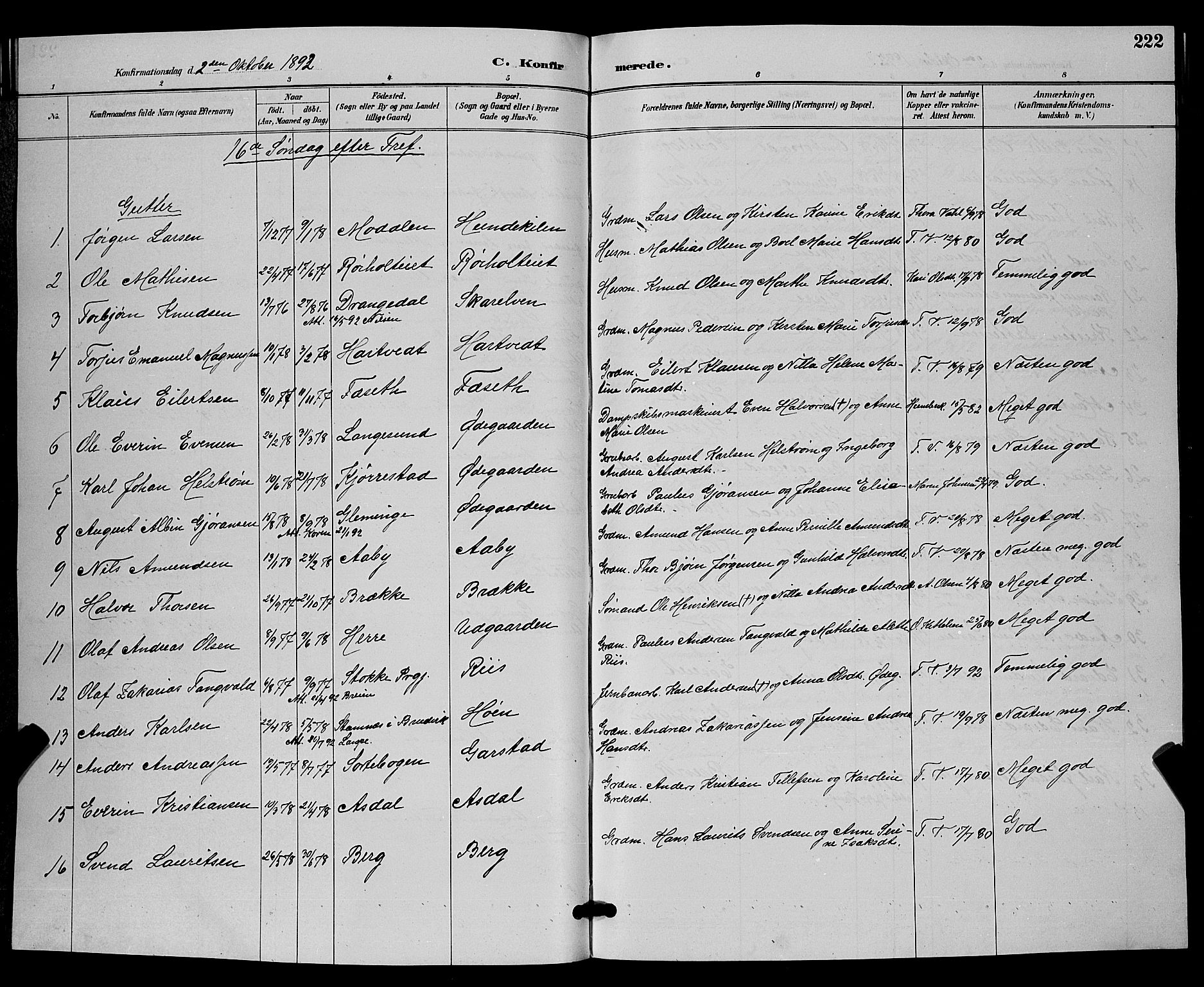 Bamble kirkebøker, AV/SAKO-A-253/G/Ga/L0009: Parish register (copy) no. I 9, 1888-1900, p. 222