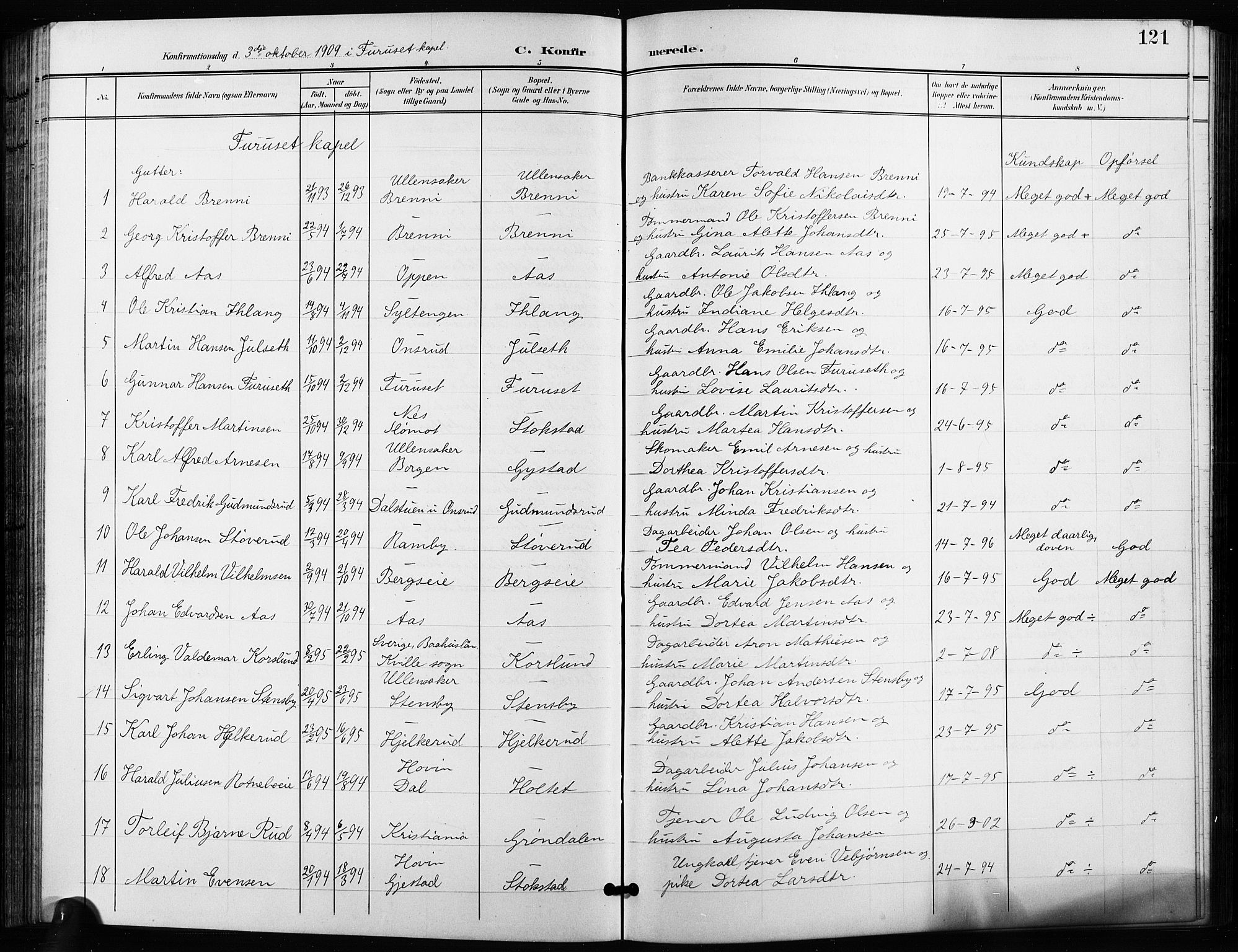 Ullensaker prestekontor Kirkebøker, SAO/A-10236a/G/Ga/L0002: Parish register (copy) no. I 2, 1901-1913, p. 121