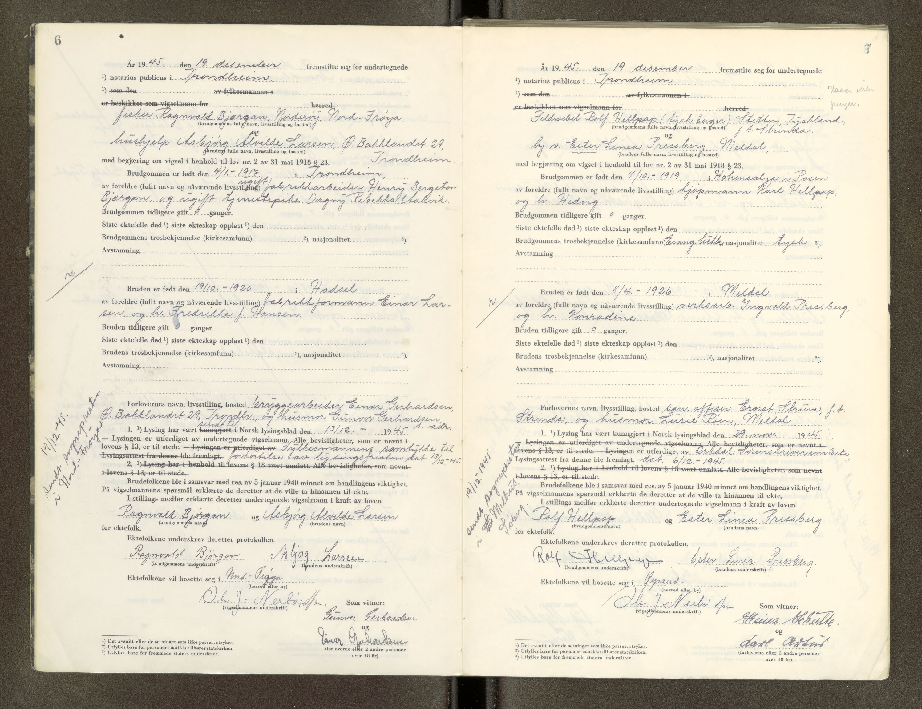 Trondheim byfogd, AV/SAT-A-0003/1/6/6D/L0005: Vigselbøker, 1944-1948, p. 6-7