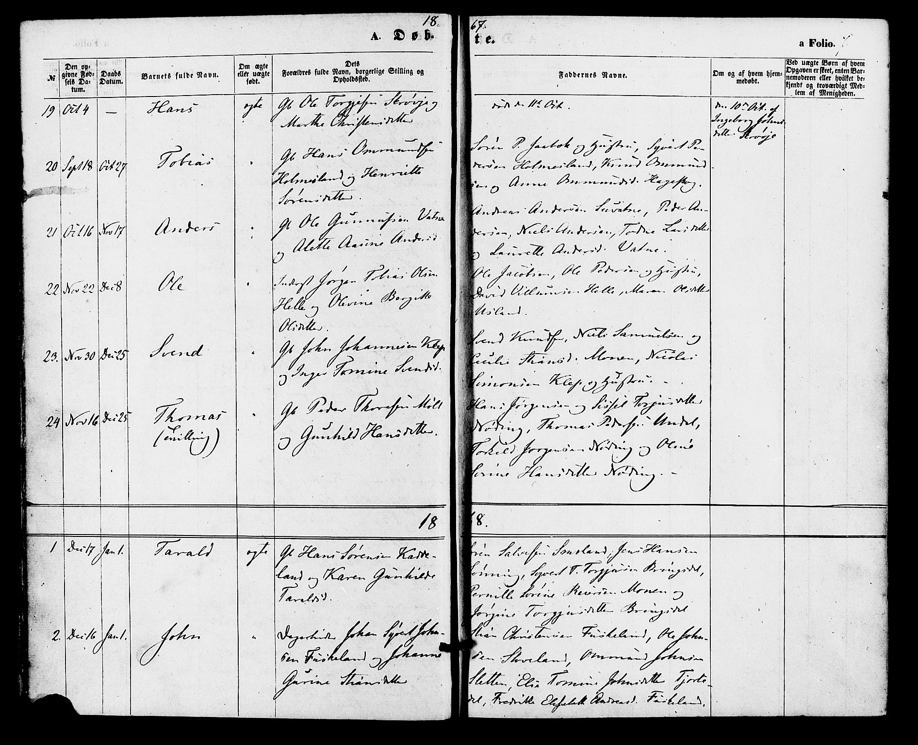 Holum sokneprestkontor, AV/SAK-1111-0022/F/Fa/Faa/L0006: Parish register (official) no. A 6, 1865-1883, p. 7