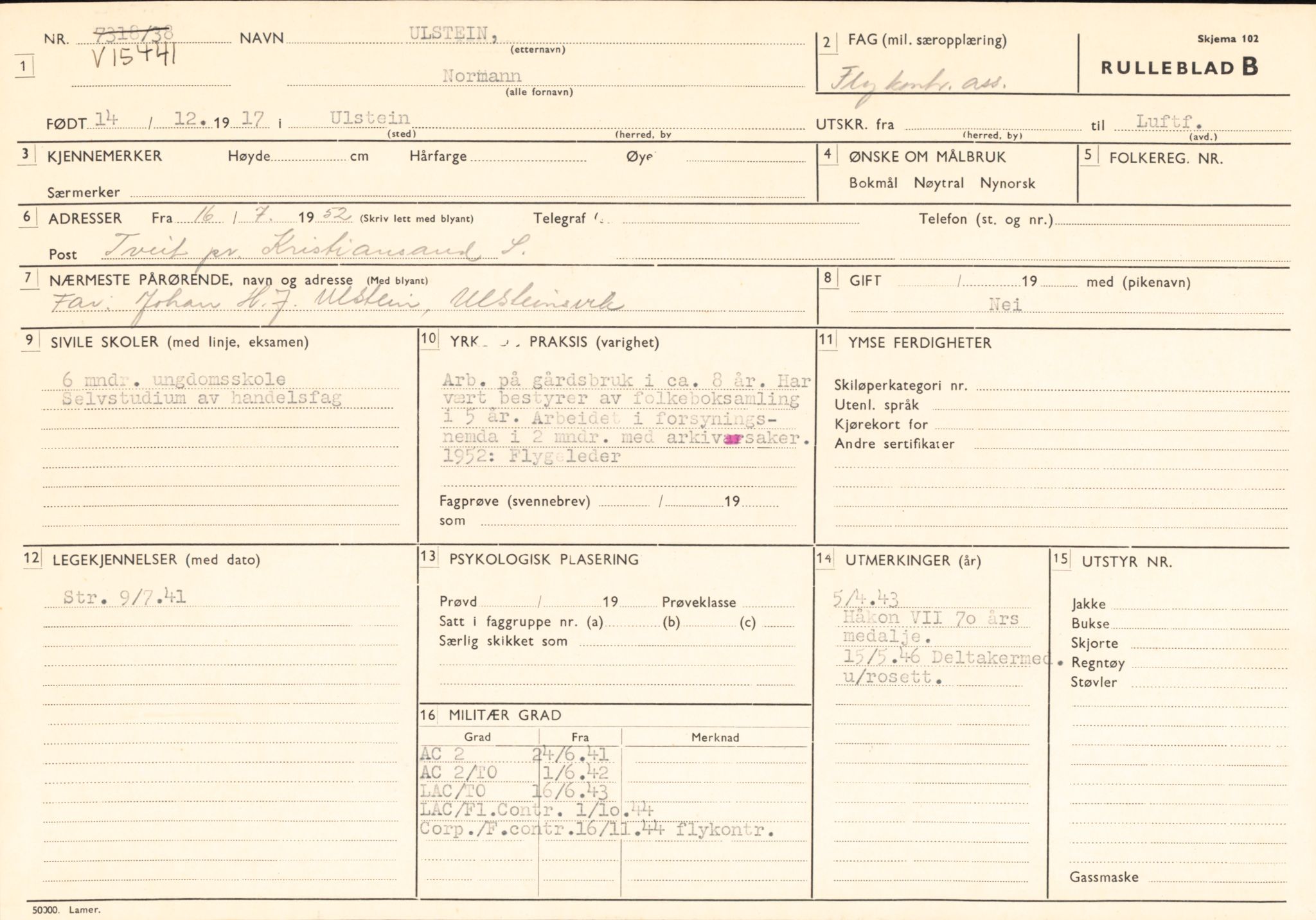 Forsvaret, Forsvarets overkommando/Luftforsvarsstaben, AV/RA-RAFA-4079/P/Pa/L0052: Personellpapirer, 1917, p. 423