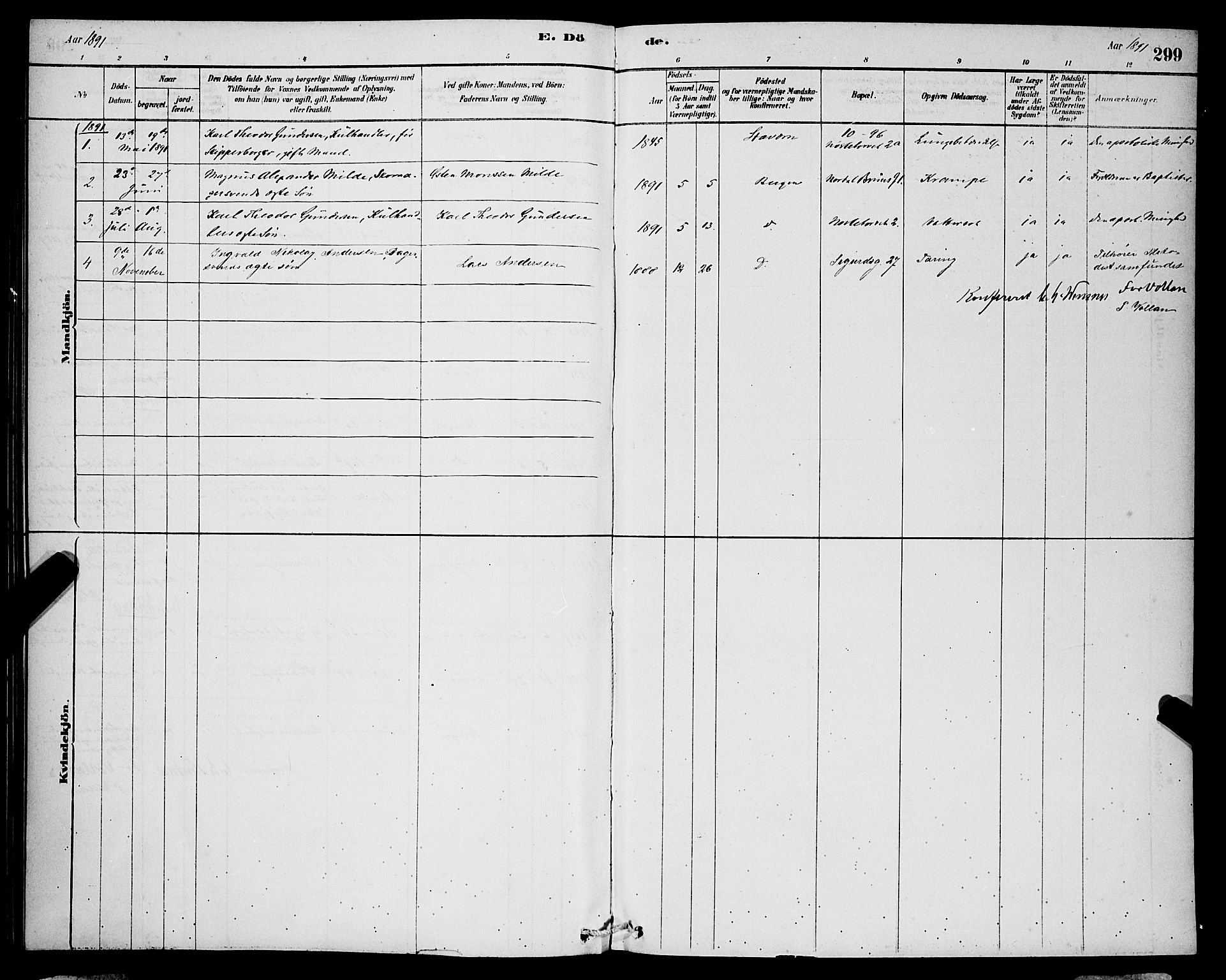 Domkirken sokneprestembete, SAB/A-74801/H/Hab/L0041: Parish register (copy) no. E 5, 1878-1900, p. 299