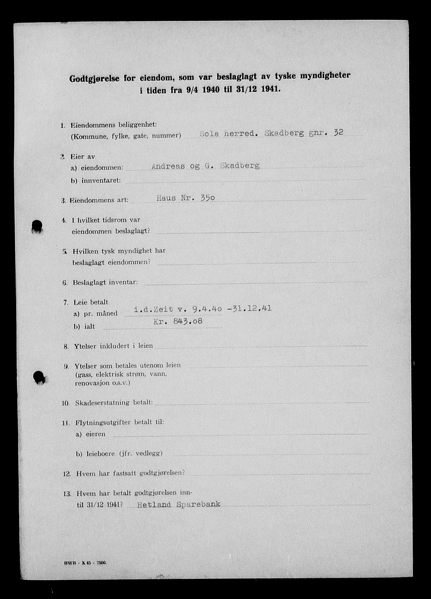 Justisdepartementet, Tilbakeføringskontoret for inndratte formuer, AV/RA-S-1564/I/L1015: Godtgjørelse for beslaglagt eiendom, 1940-1941, p. 162