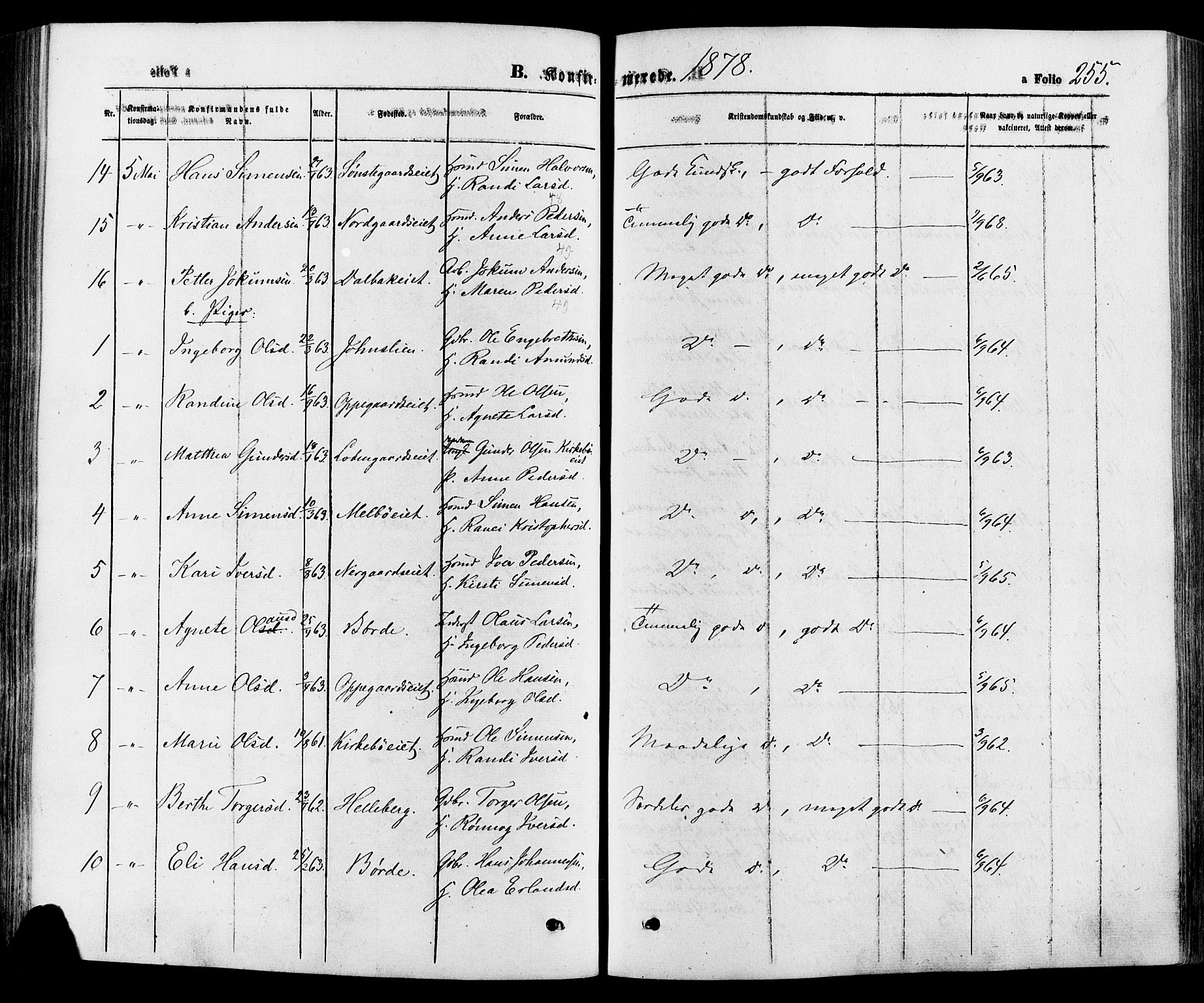 Gausdal prestekontor, SAH/PREST-090/H/Ha/Haa/L0010: Parish register (official) no. 10, 1867-1886, p. 255