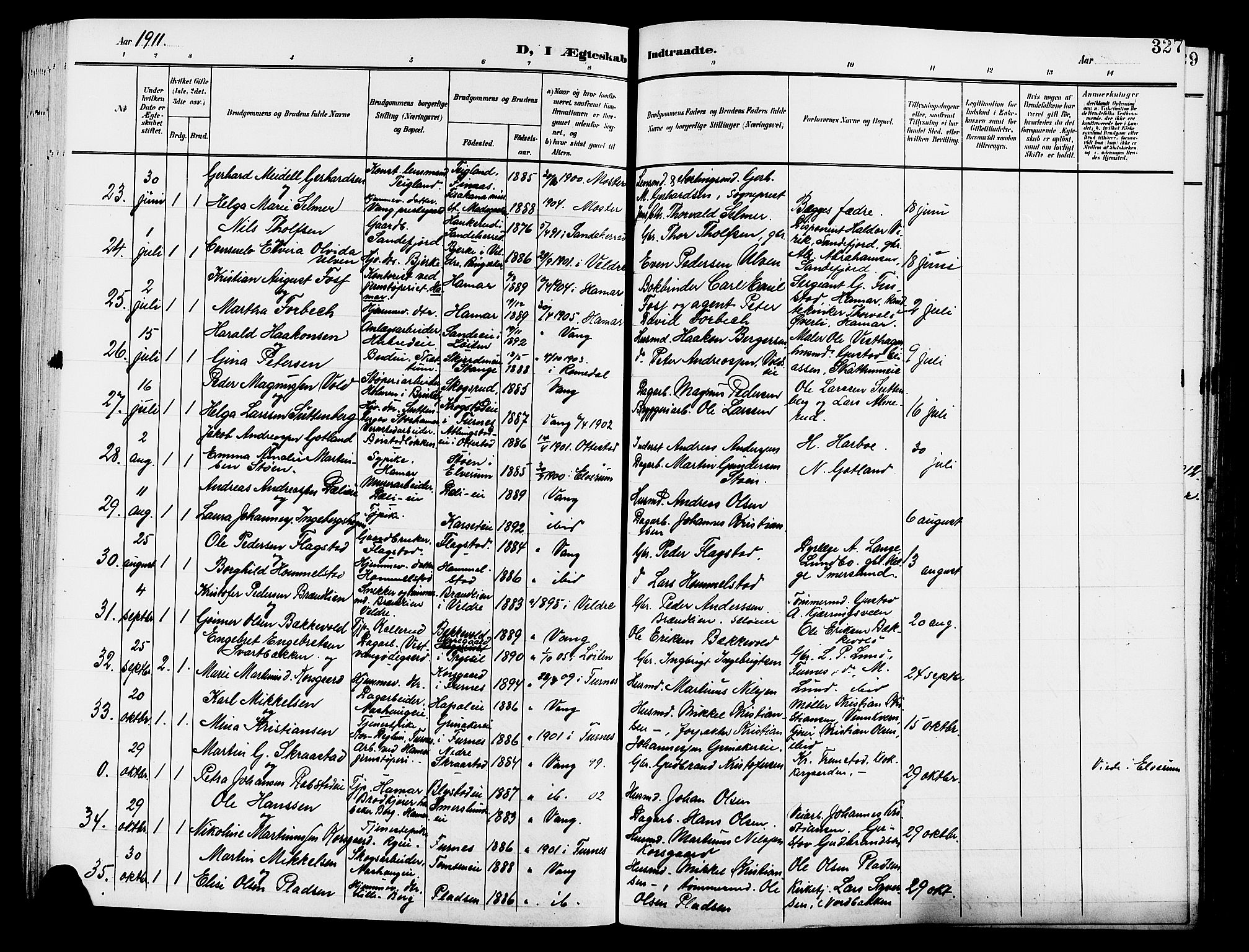 Vang prestekontor, Hedmark, SAH/PREST-008/H/Ha/Hab/L0014: Parish register (copy) no. 14, 1896-1914, p. 327