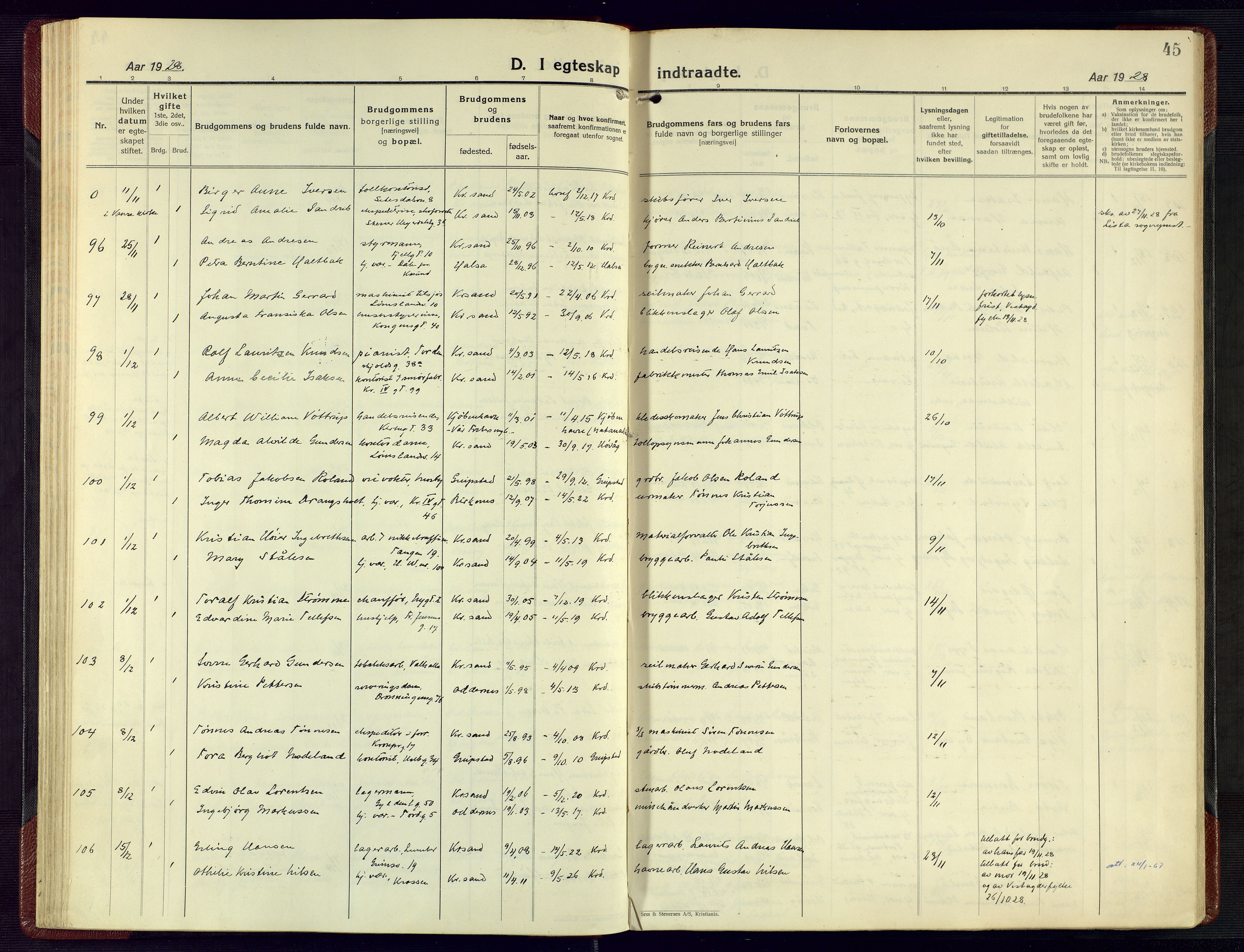 Kristiansand domprosti, AV/SAK-1112-0006/F/Fa/L0029: Parish register (official) no. A 28, 1925-1936, p. 45