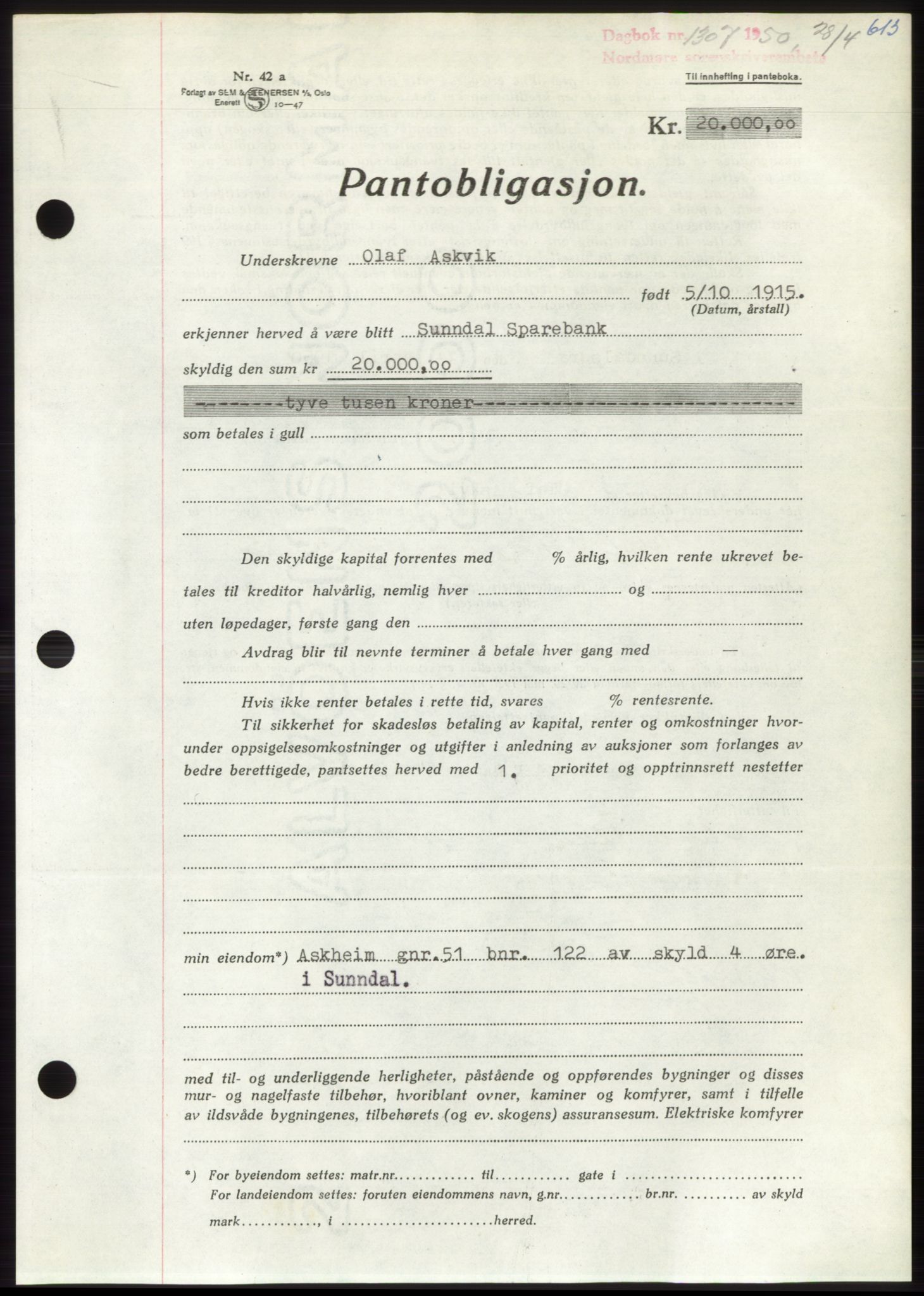 Nordmøre sorenskriveri, AV/SAT-A-4132/1/2/2Ca: Mortgage book no. B104, 1950-1950, Diary no: : 1307/1950