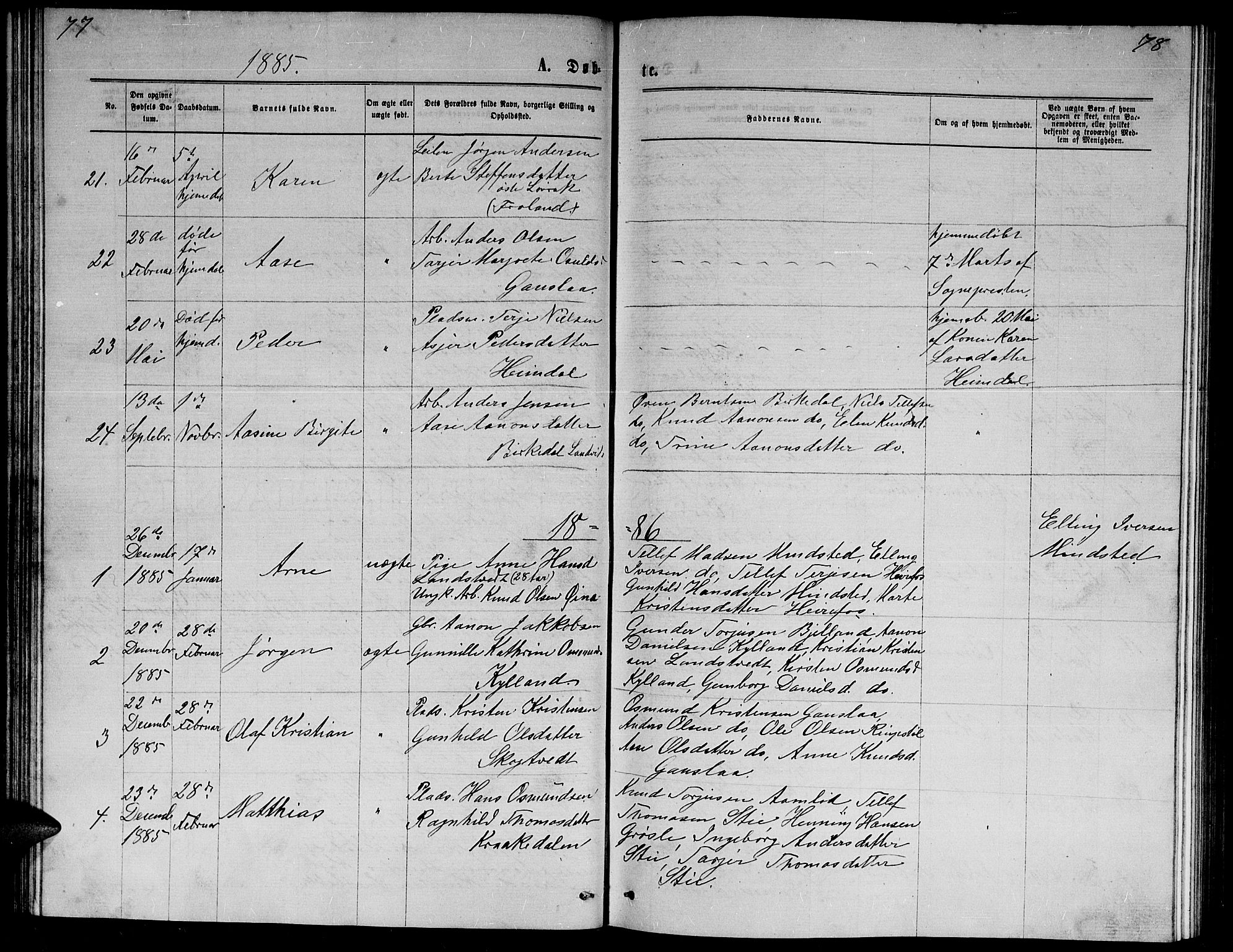 Herefoss sokneprestkontor, AV/SAK-1111-0019/F/Fb/Fba/L0002: Parish register (copy) no. B 2, 1868-1886, p. 77-78