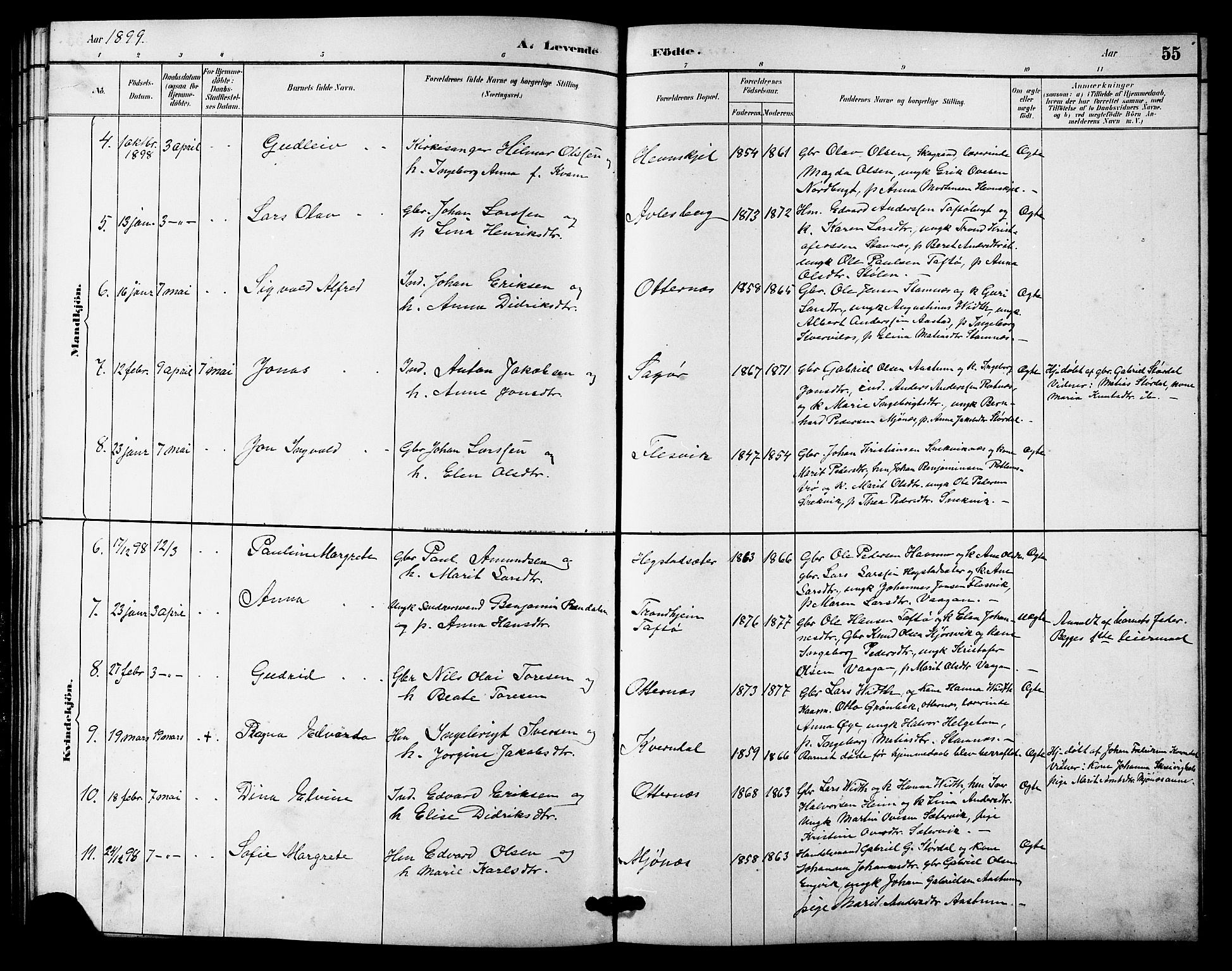 Ministerialprotokoller, klokkerbøker og fødselsregistre - Sør-Trøndelag, SAT/A-1456/633/L0519: Parish register (copy) no. 633C01, 1884-1905, p. 55