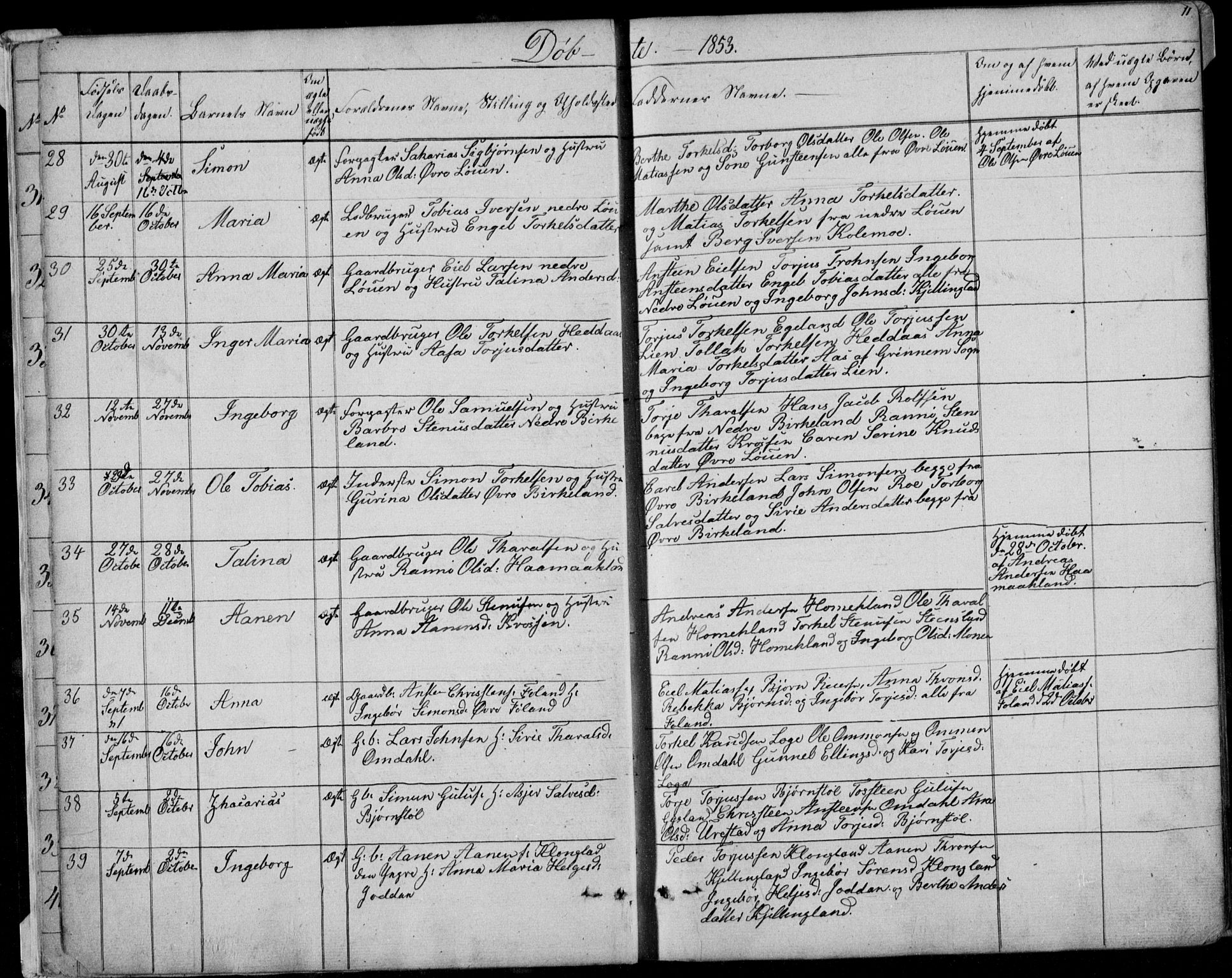 Hægebostad sokneprestkontor, AV/SAK-1111-0024/F/Fb/Fba/L0002: Parish register (copy) no. B 2, 1851-1882, p. 11