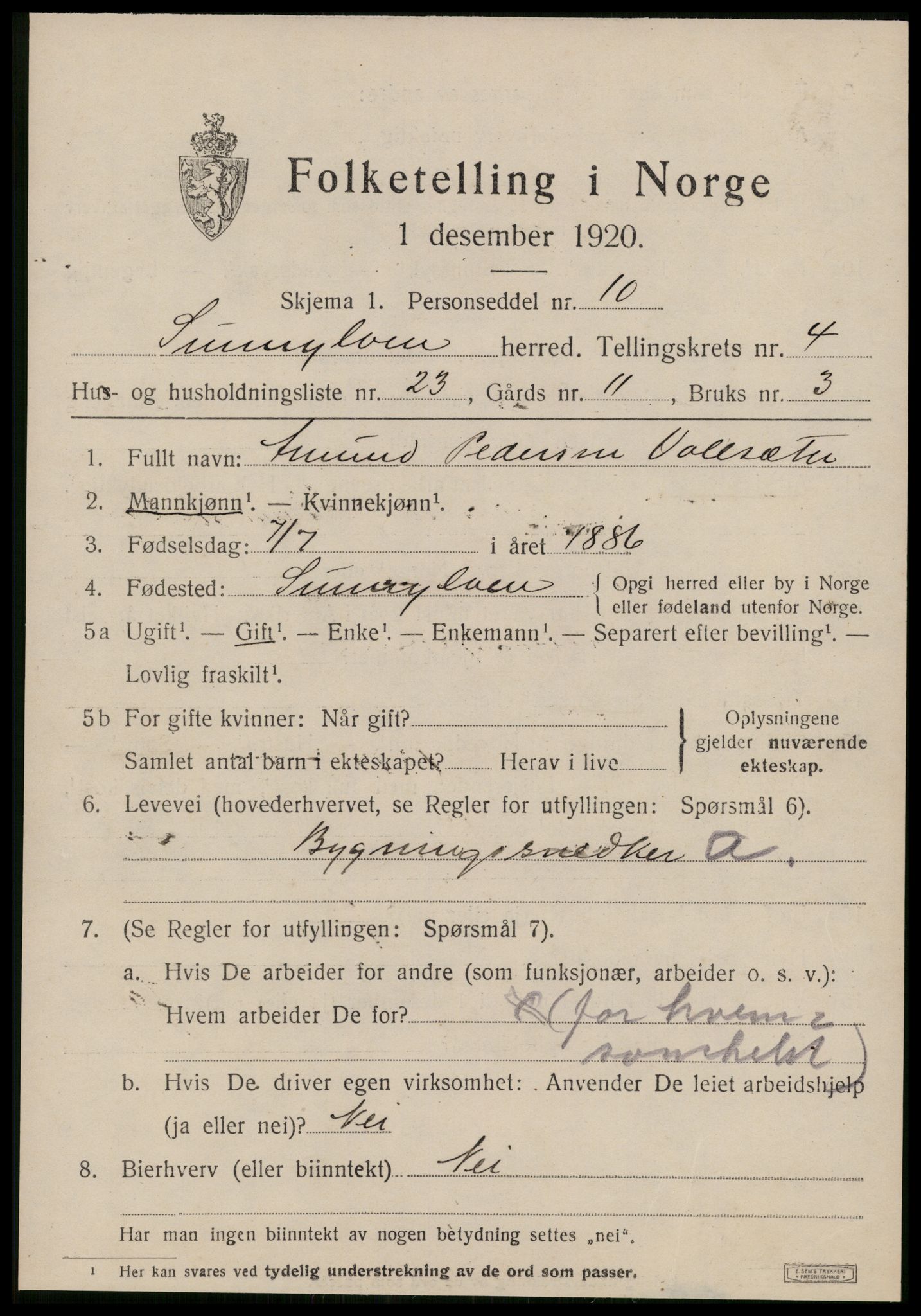 SAT, 1920 census for Sunnylven, 1920, p. 2158