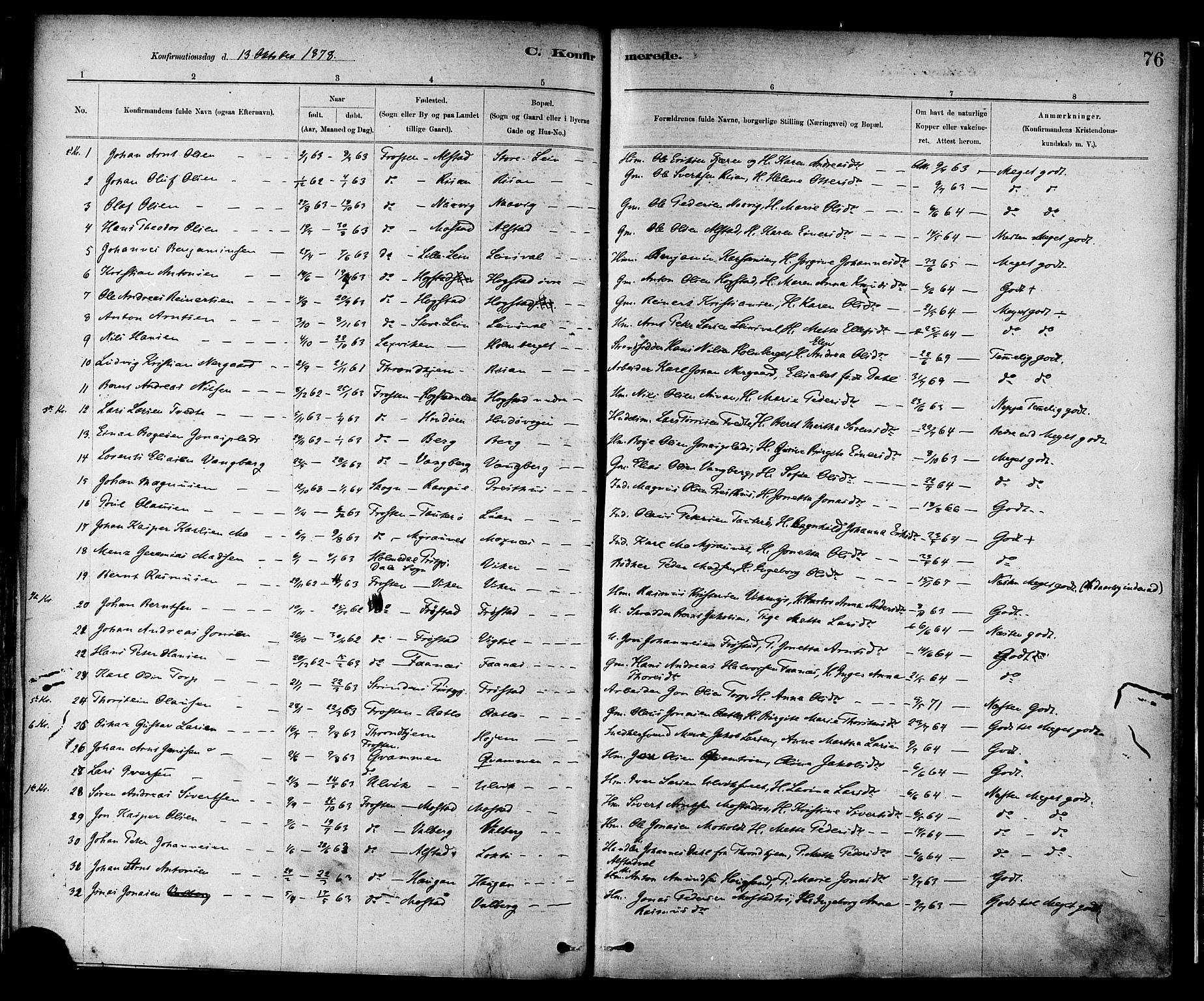 Ministerialprotokoller, klokkerbøker og fødselsregistre - Nord-Trøndelag, AV/SAT-A-1458/713/L0120: Parish register (official) no. 713A09, 1878-1887, p. 76