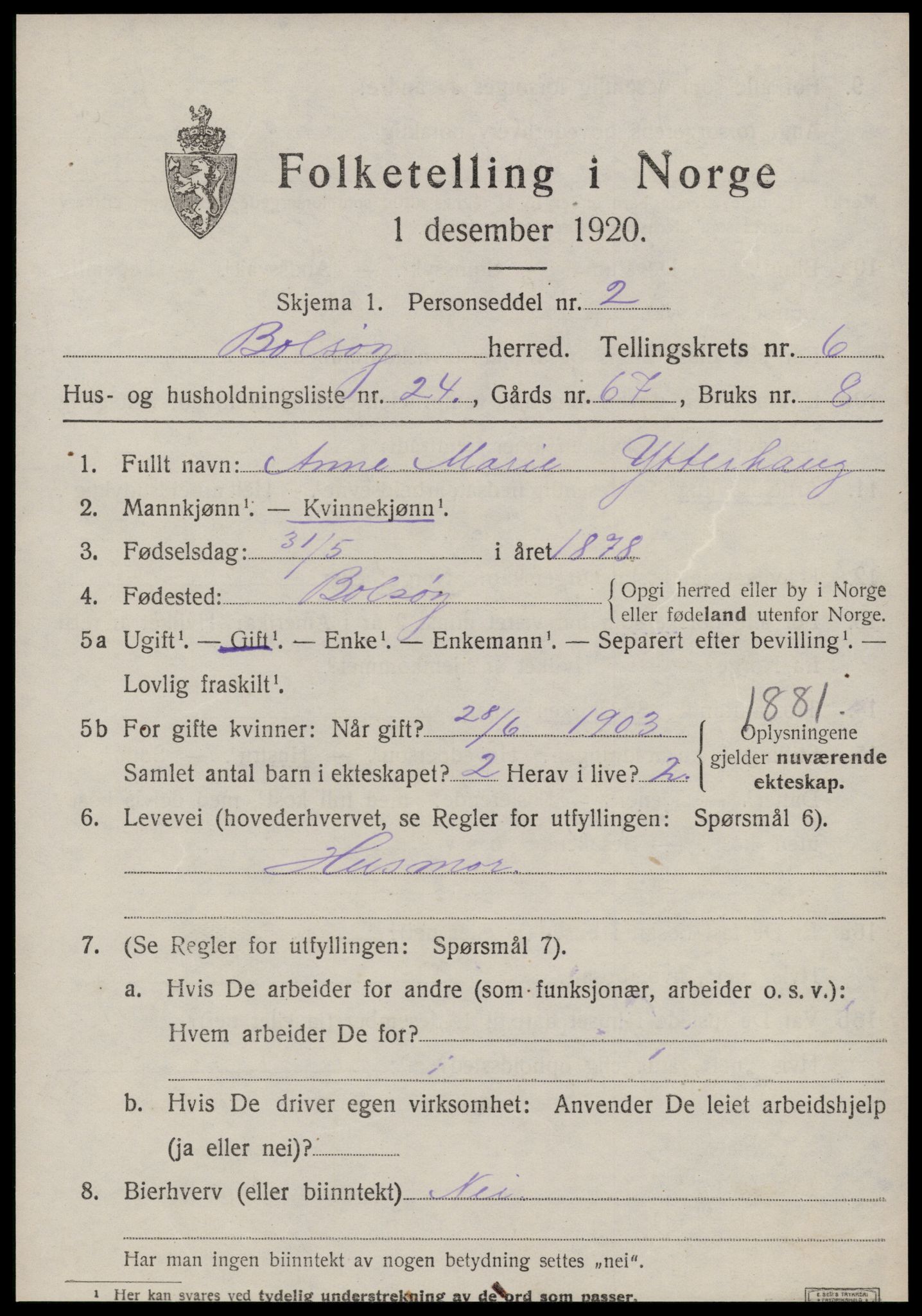 SAT, 1920 census for Bolsøy, 1920, p. 8461