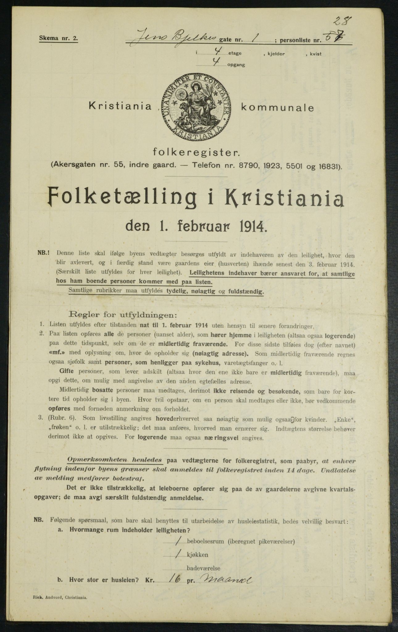 OBA, Municipal Census 1914 for Kristiania, 1914, p. 45461